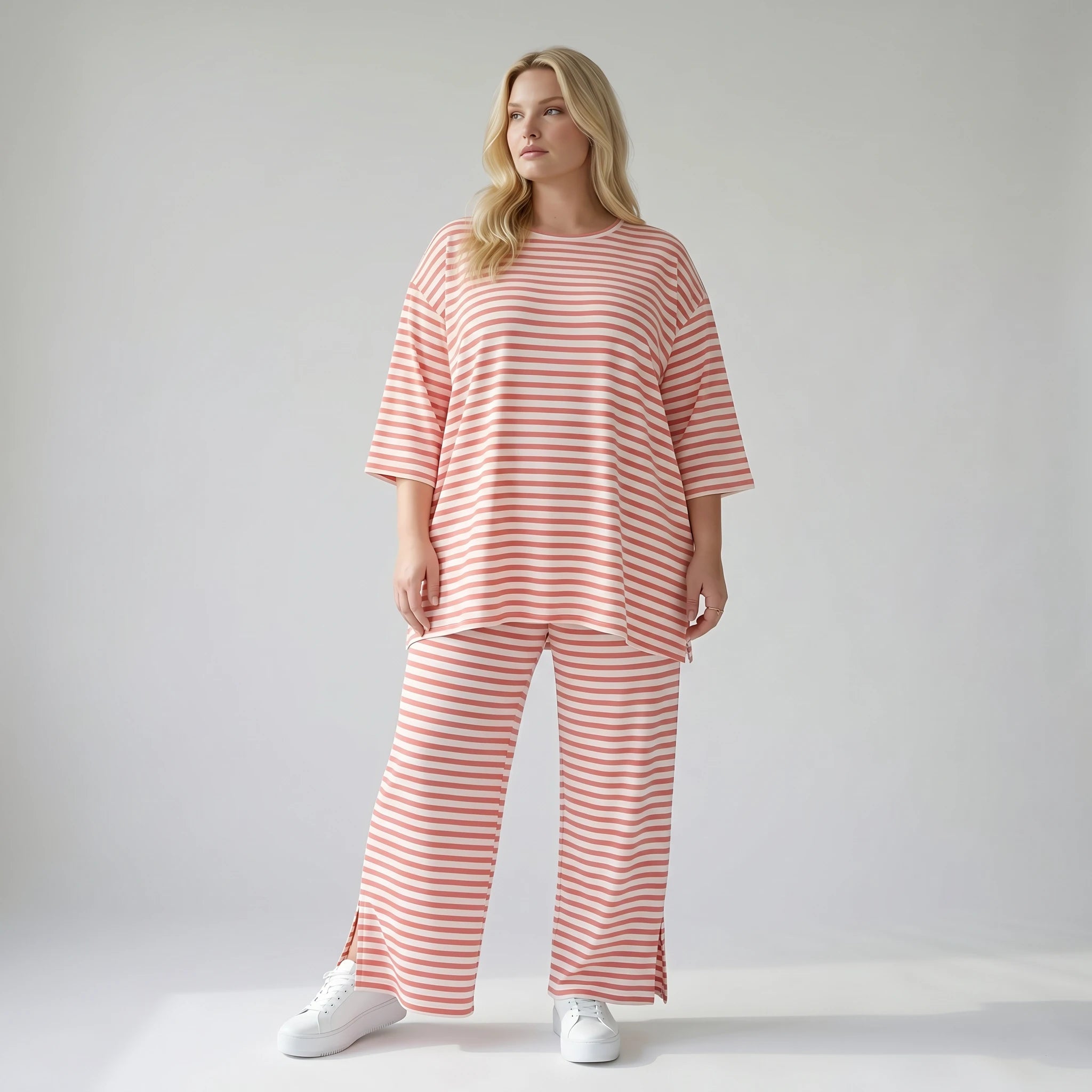Stilvolle Lagenlook Hose aus weichem Jersey in legerer Oversize Form mit Schlitz, Weiß/Lachs