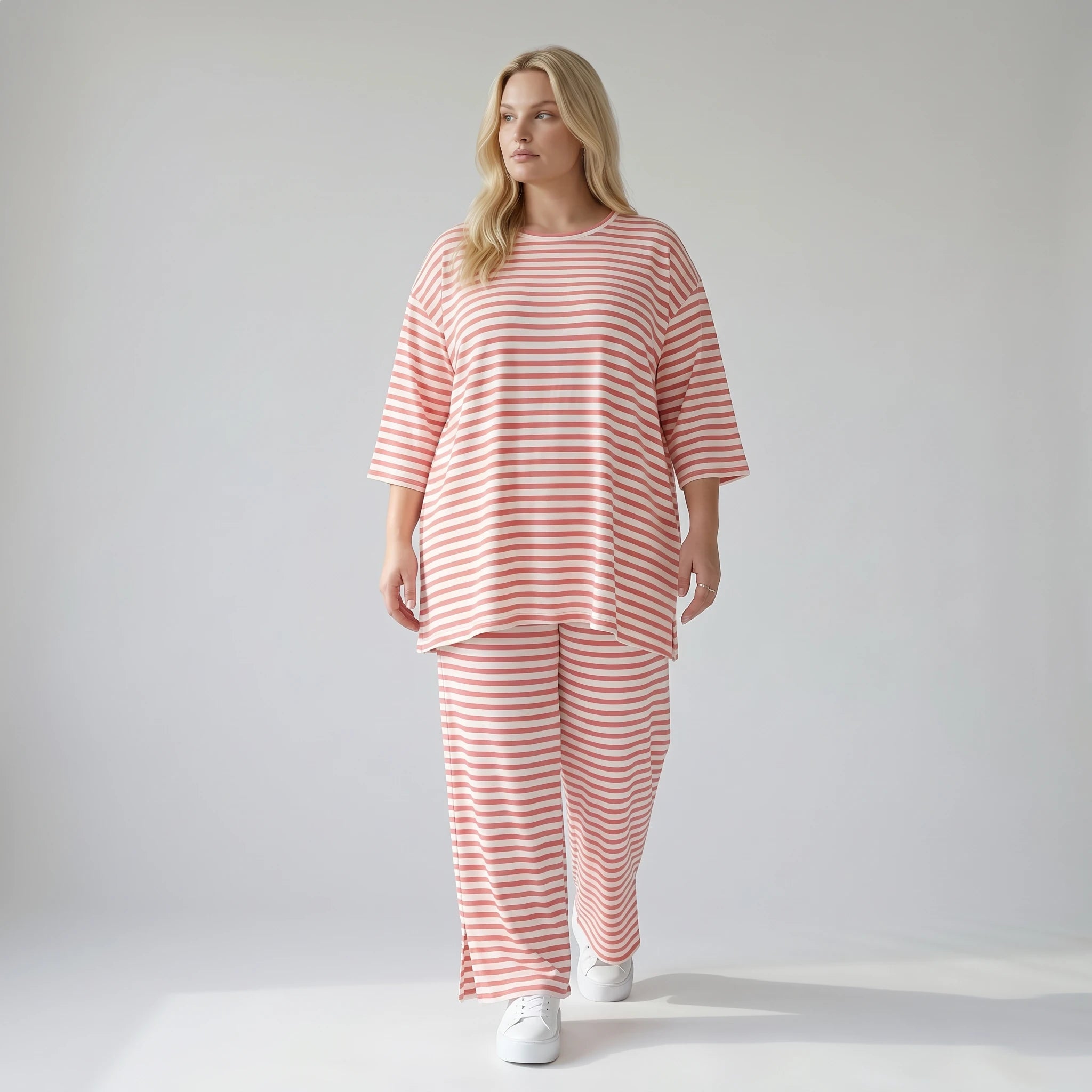 Stilvolle Lagenlook Hose aus weichem Jersey in legerer Oversize Form mit Schlitz, Weiß/Lachs