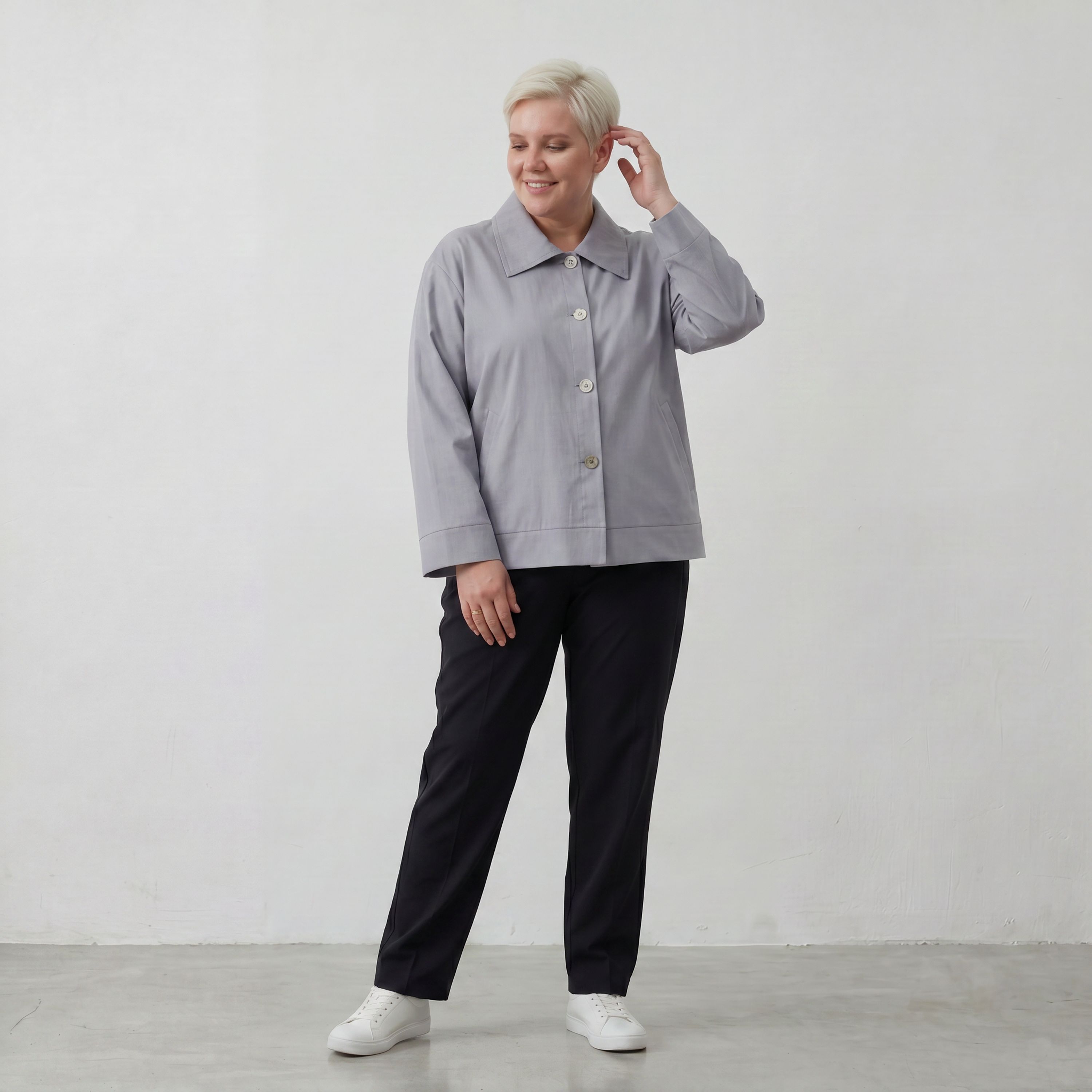 Zeitlose Karottenhose Grau elastisch leger ausgefallen Lagenlook Komfortliebling weich
