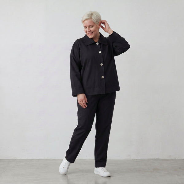 Schwarzer Oversize Blazer leger und zeitlos mit Stretchkomfort und Lagenlook cleanem Look