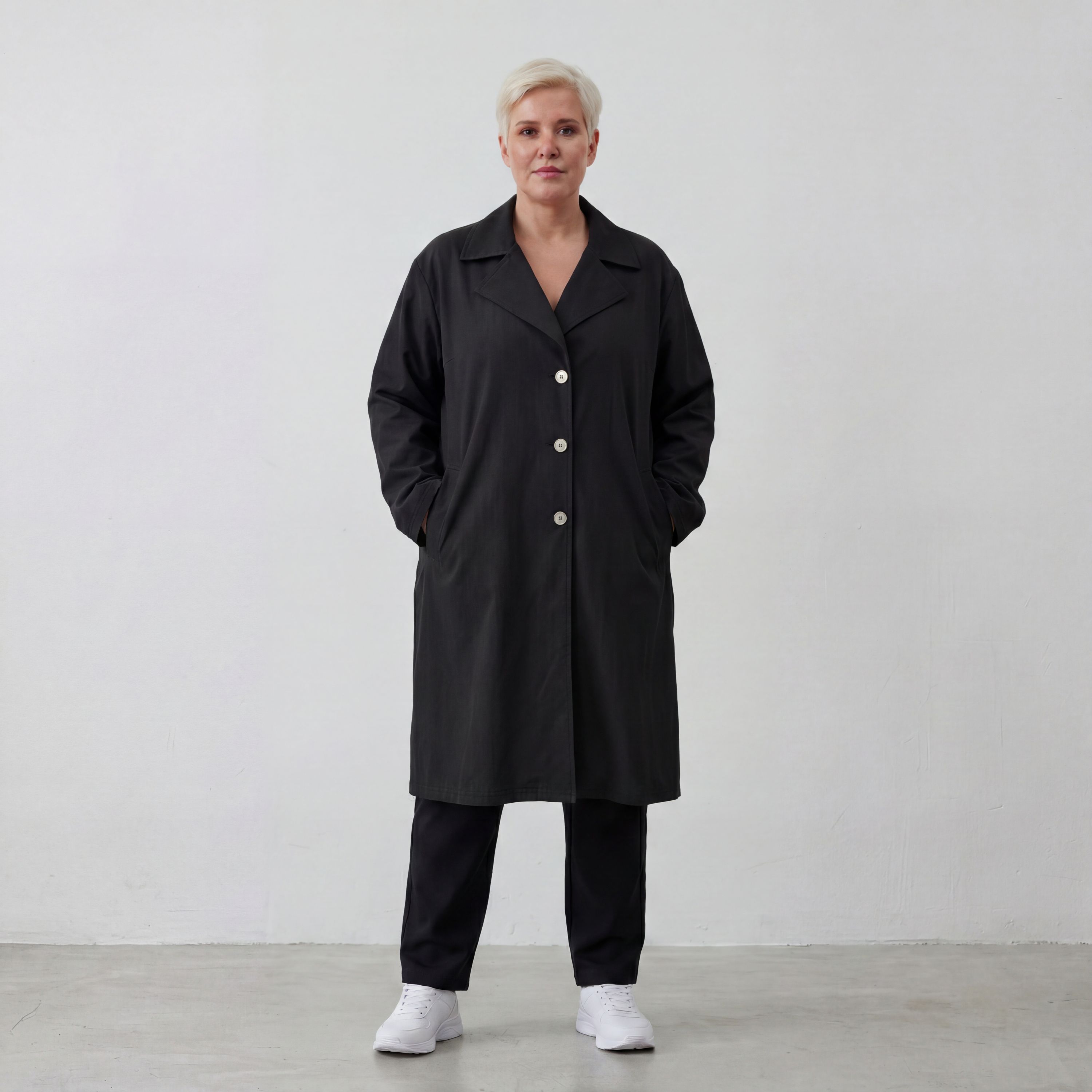 Schwarzer Oversize Mantel fliessend elastisch zeitlos leger sommerlich fuer Lagenlook