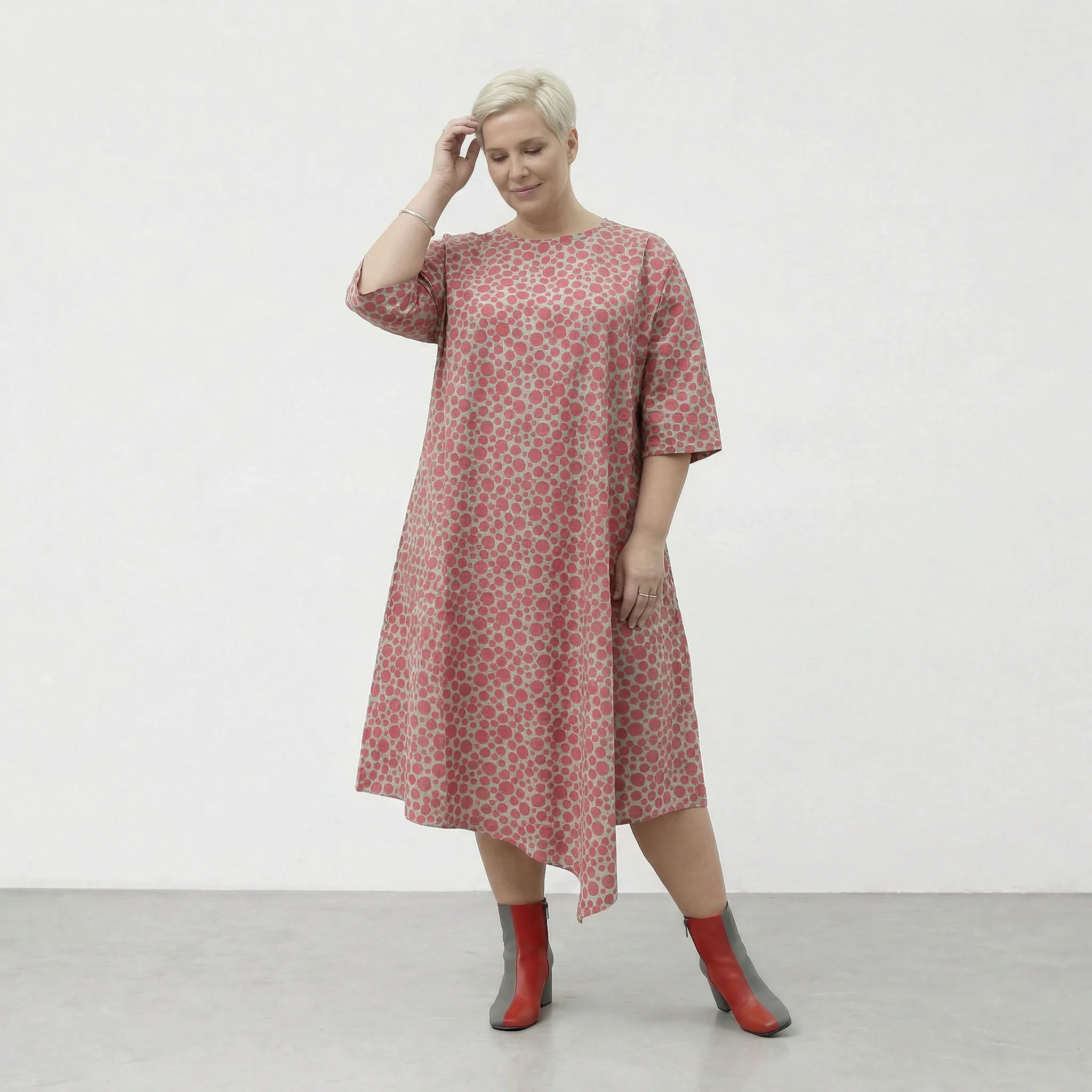 Luftiges Ballonkleid im stilvollen Lagenlook mit ausgefallenem Punktemuster, leicht aus Baumwolle, Mint/Pink