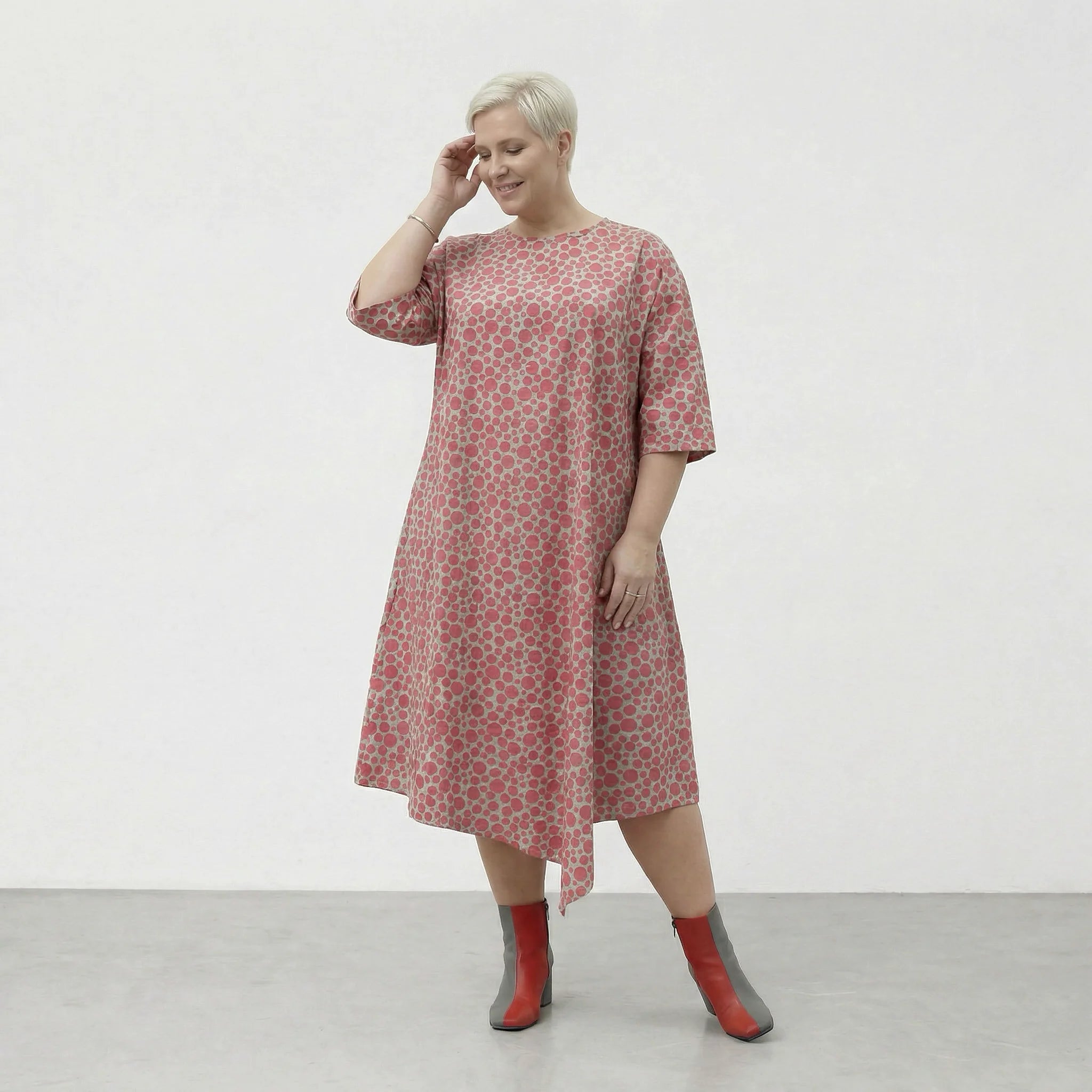 Luftiges Ballonkleid im stilvollen Lagenlook mit ausgefallenem Punktemuster, leicht aus Baumwolle, Mint/Pink