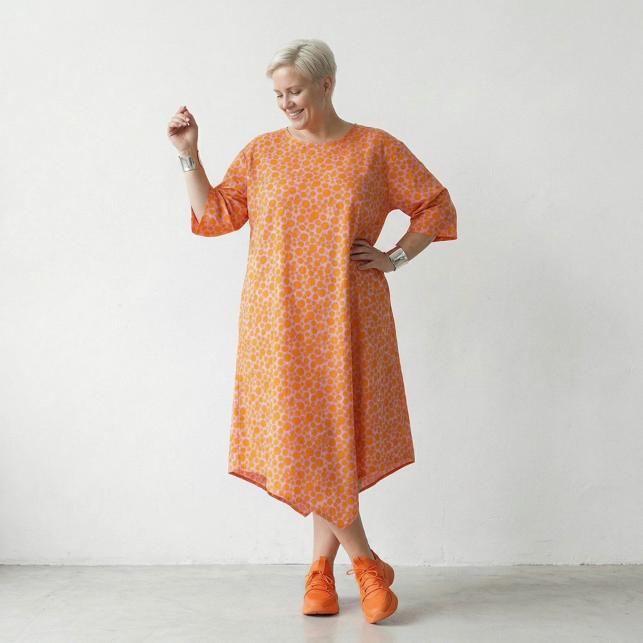 Luftiges Ballonkleid im Lagenlook mit ausgefallenem Punkte Muster und feinem Popeline, Rosa/Orange