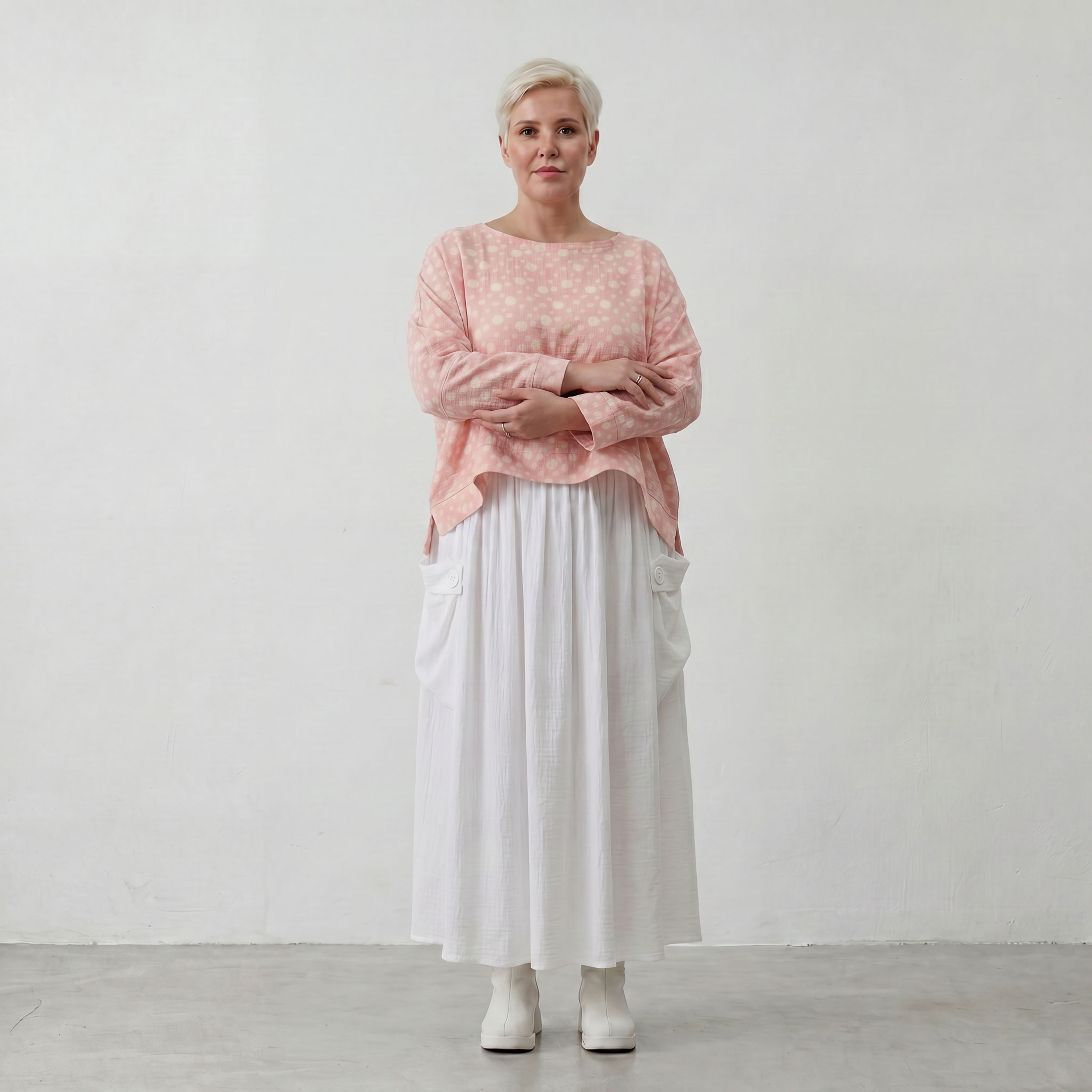 Leichter Baumwolle Mousseline Überwurf in Rosa Ecru soft Oversize Lagenlook zeitlos leger