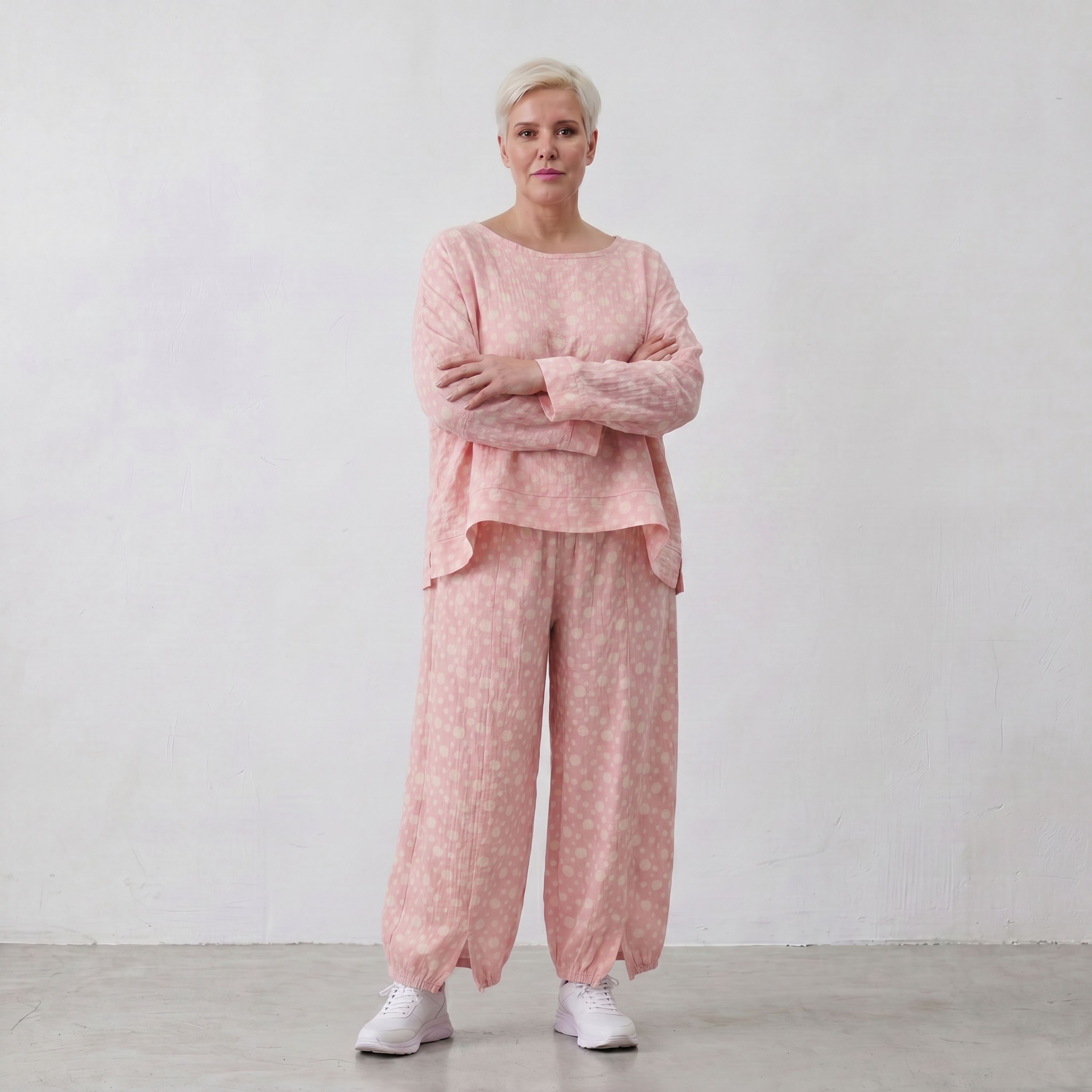 Zeitlose Oversize Ballonhose aus Baumwolle in Rosa Ecru luftig leger Lagenlook fliessend