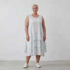 Leichte Baumwolltunika Lagenlook Oversize locker Hellblau Ecru mit Volant luftig zeitlos