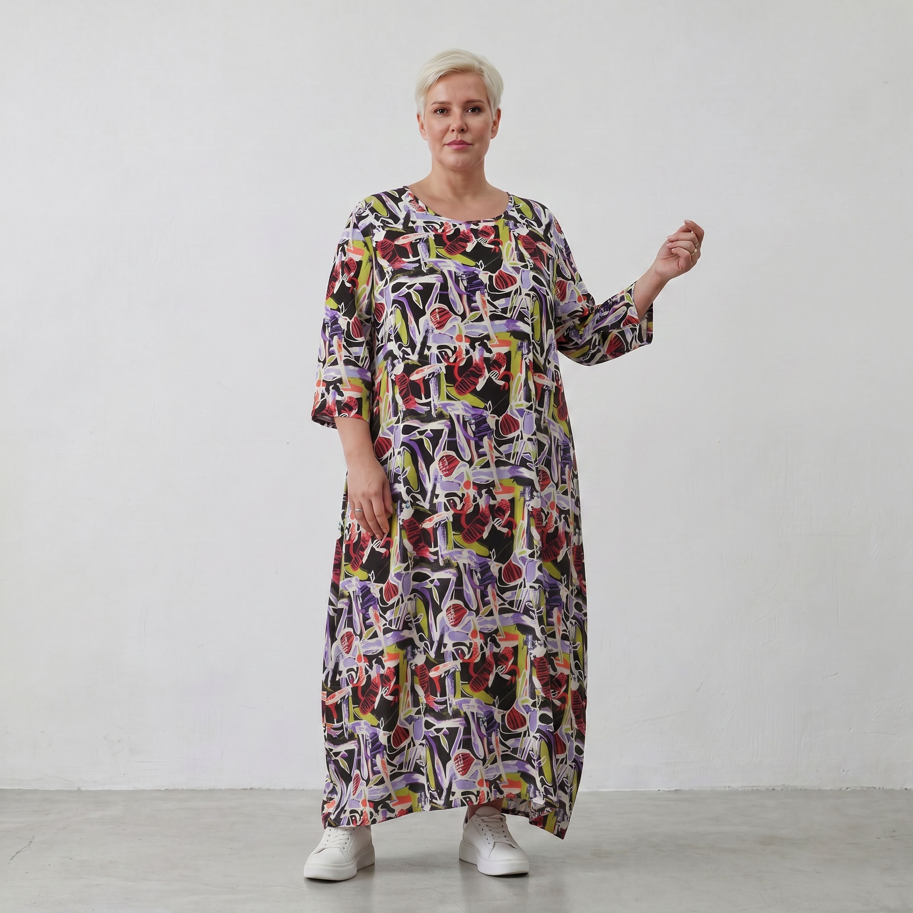 Fliessendes Ballonkleid aus Viskose in Schwarz Oliv Lila sehr leger zeitlos Oversize Look