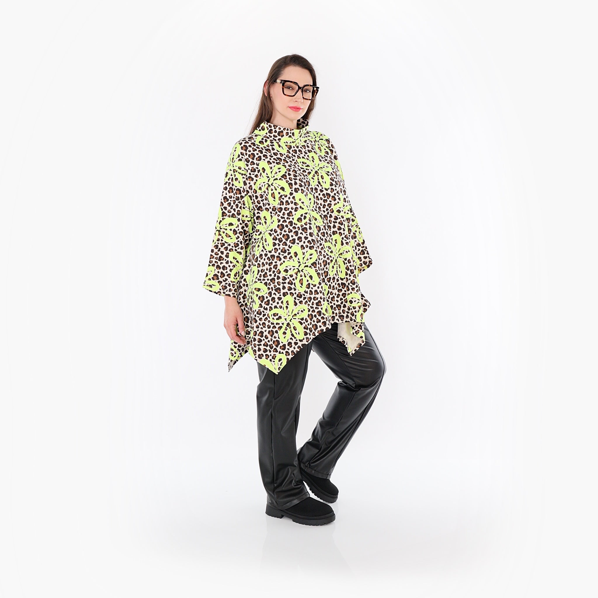  A-Form Bigshirt von AKH Fashion aus Baumwolle, 1514.07123, Beige/Braun/Neongrün, Leopard