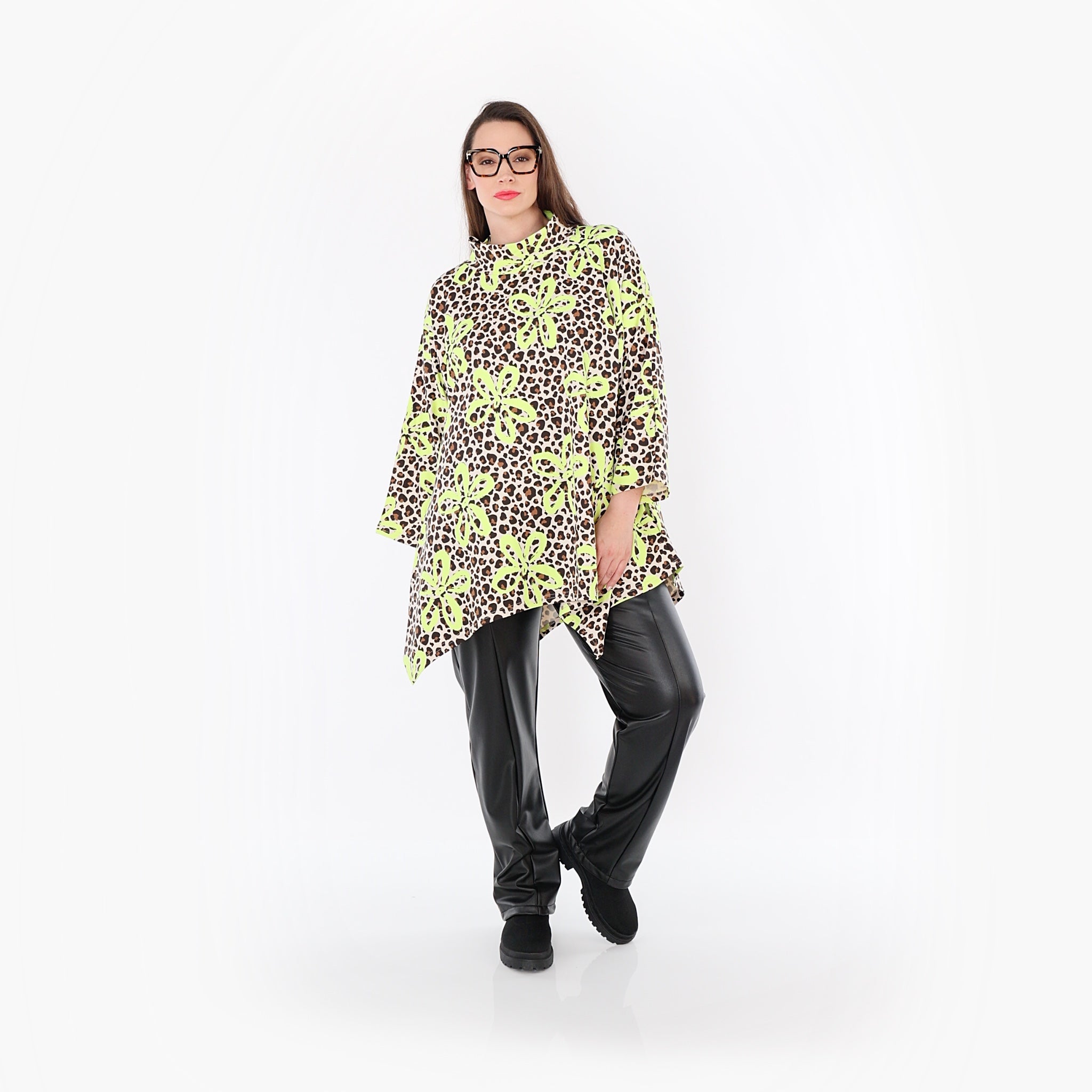  A-Form Bigshirt von AKH Fashion aus Baumwolle, 1514.07123, Beige/Braun/Neongrün, Leopard