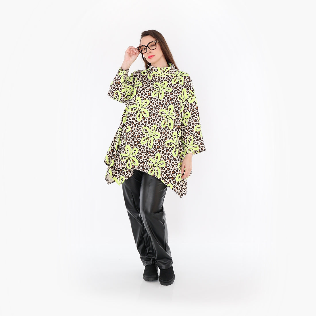  A-Form Bigshirt von AKH Fashion aus Baumwolle, 1514.07123, Beige/Braun/Neongrün, Leopard