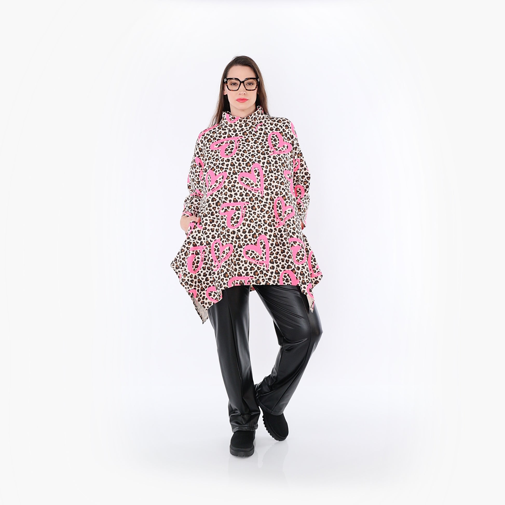  A-Form Bigshirt von AKH Fashion aus Baumwolle, 1513.07123, Beige/Braun/Fuchsia, Leopard
