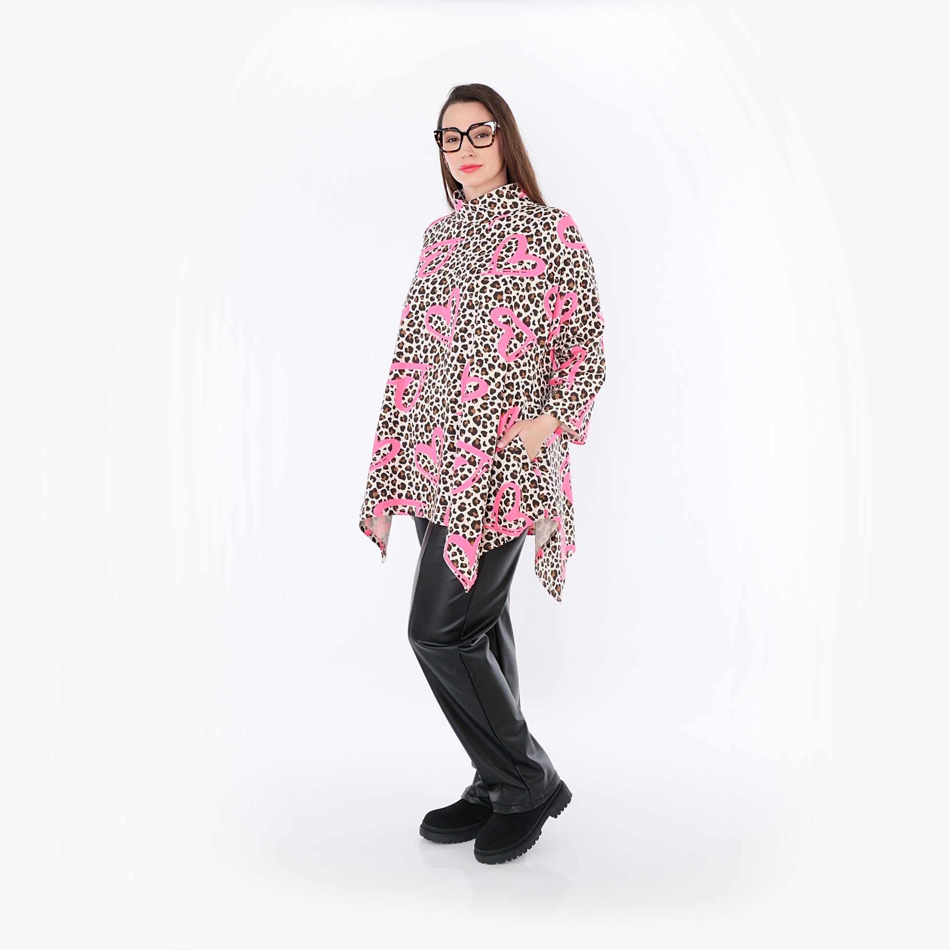  A-Form Bigshirt von AKH Fashion aus Baumwolle, 1513.07123, Beige/Braun/Fuchsia, Leopard