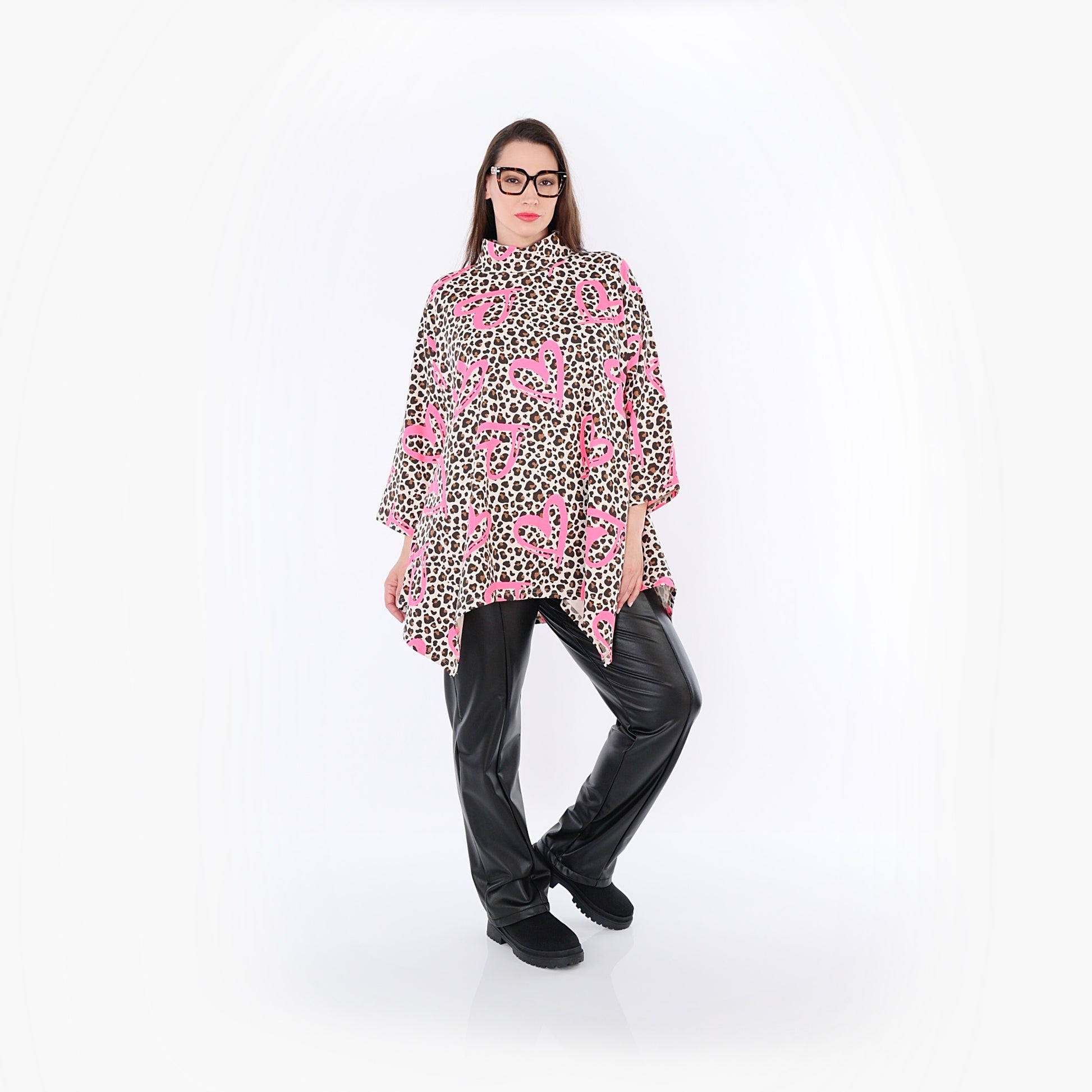  A-Form Bigshirt von AKH Fashion aus Baumwolle, 1513.07123, Beige/Braun/Fuchsia, Leopard