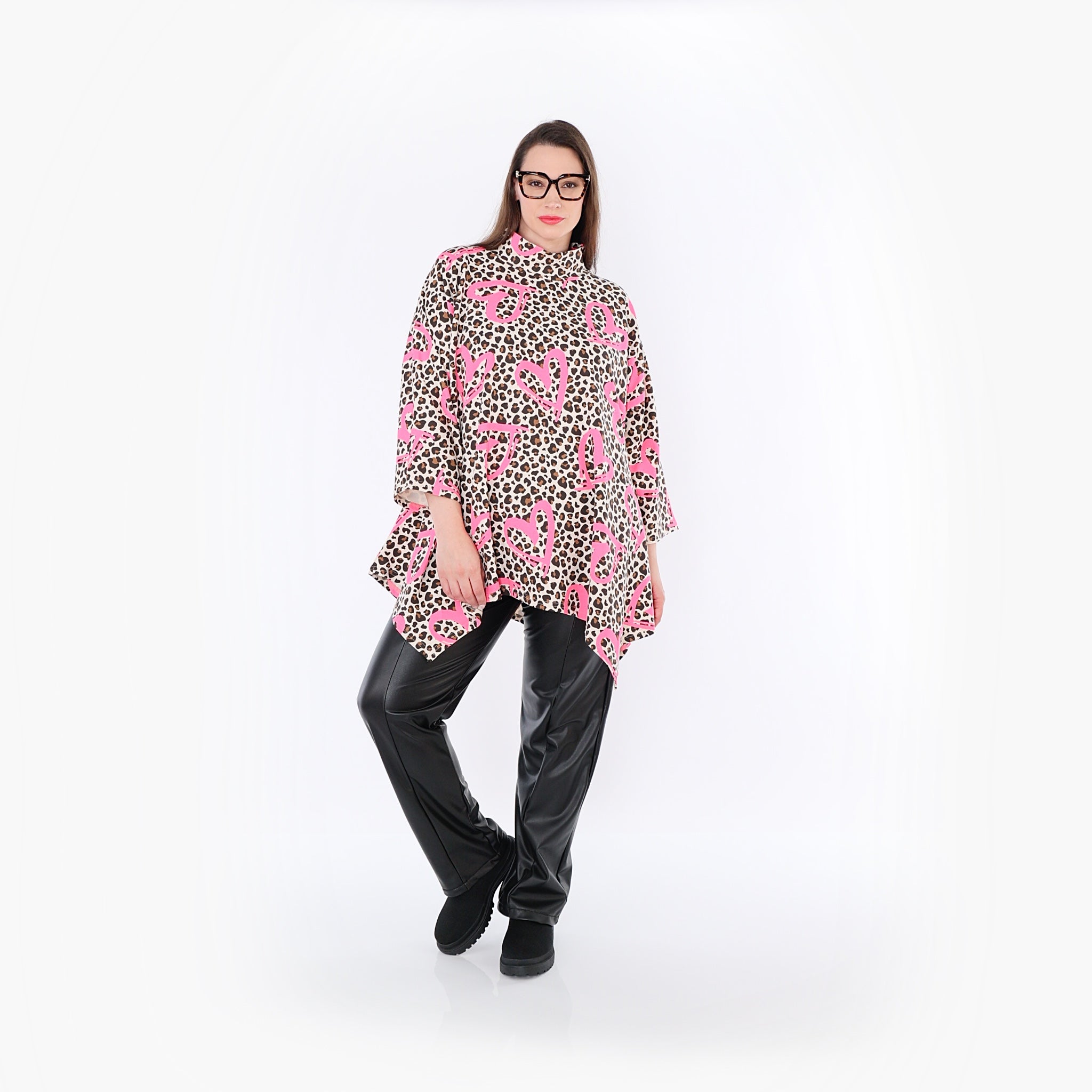  A-Form Bigshirt von AKH Fashion aus Baumwolle, 1513.07123, Beige/Braun/Fuchsia, Leopard