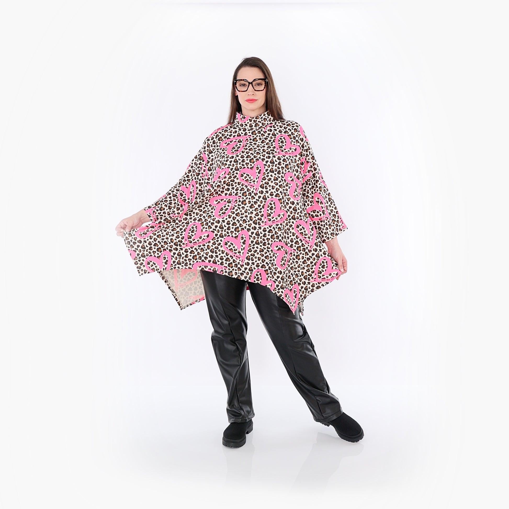  A-Form Bigshirt von AKH Fashion aus Baumwolle, 1513.07123, Beige/Braun/Fuchsia, Leopard