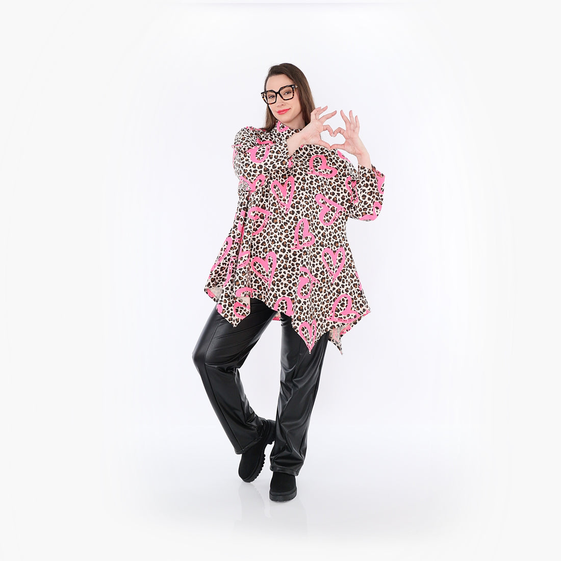  A-Form Bigshirt von AKH Fashion aus Baumwolle, 1513.07123, Beige/Braun/Fuchsia, Leopard
