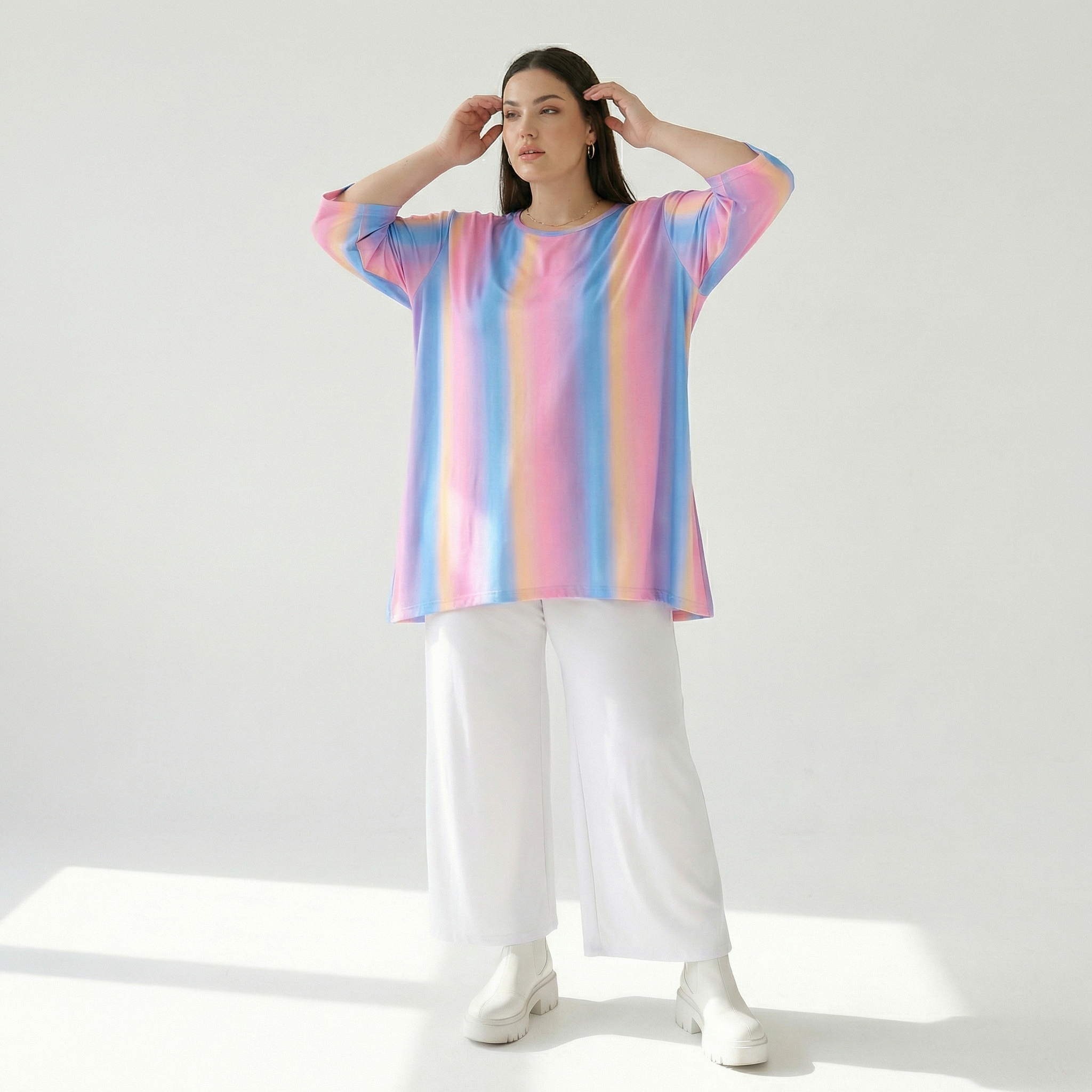  A-Form Bigshirt von AKH Fashion aus Baumwolle, 1306.00593, Pink-Blau-Orange, Farbmix, Schick