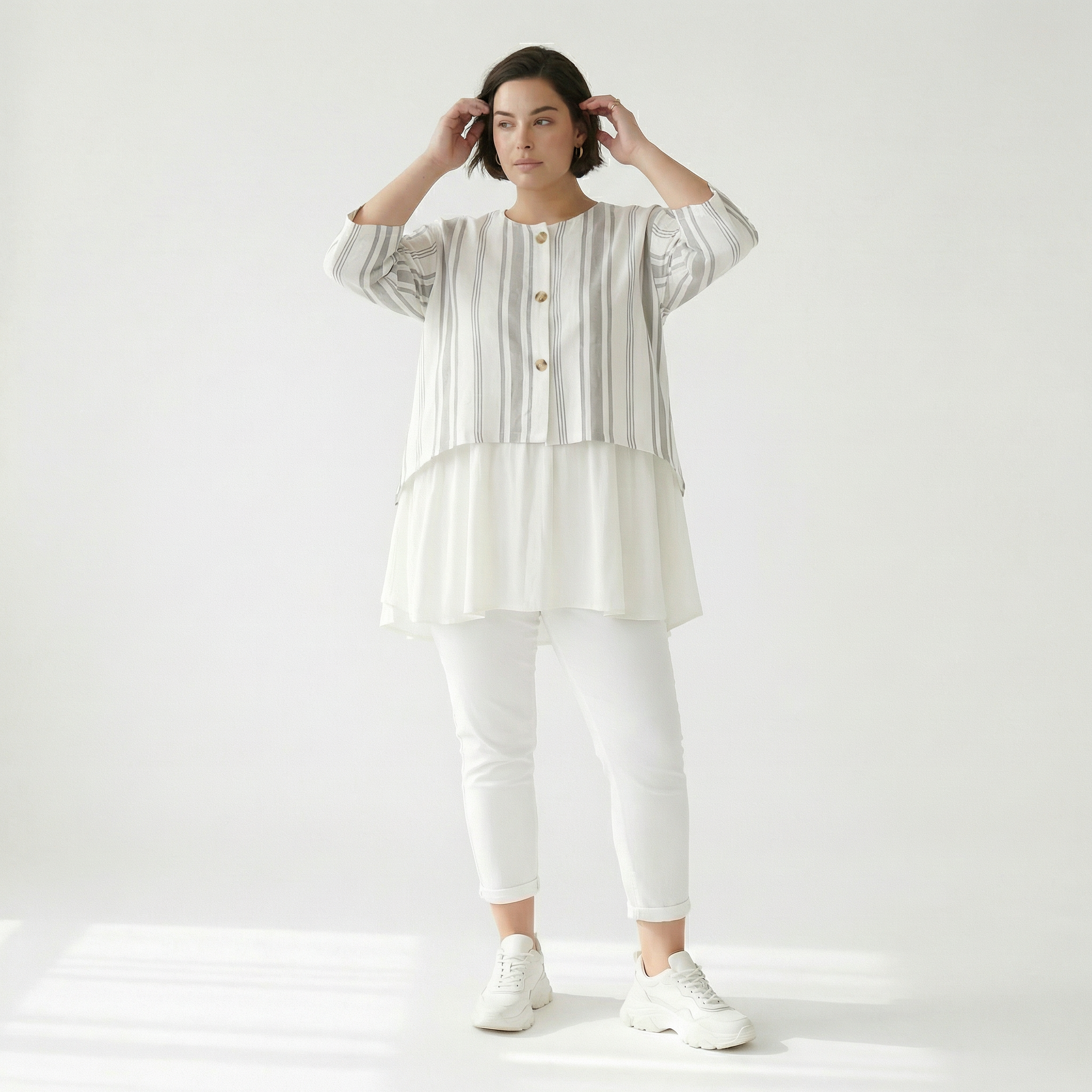  AKH Fashion Jacke in gerundeter Form, aus Baumwolle, 1420.00130, Weiß/Kiwi, Blockstreifen