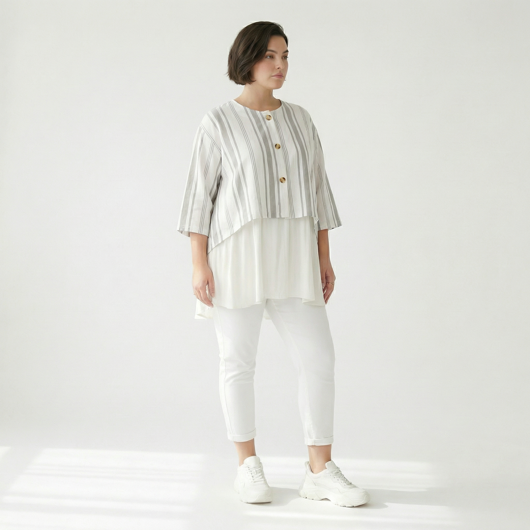  AKH Fashion Jacke in gerundeter Form, aus Baumwolle, 1420.00130, Weiß/Kiwi, Blockstreifen