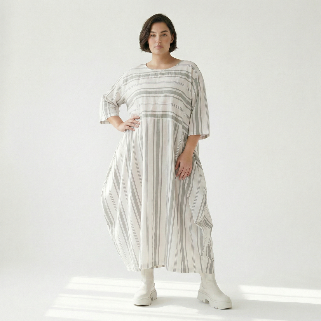  Ballonkleid von AKH Fashion aus Baumwolle, 1420.01926, Weiß/Kiwi, Blockstreifen, Schick