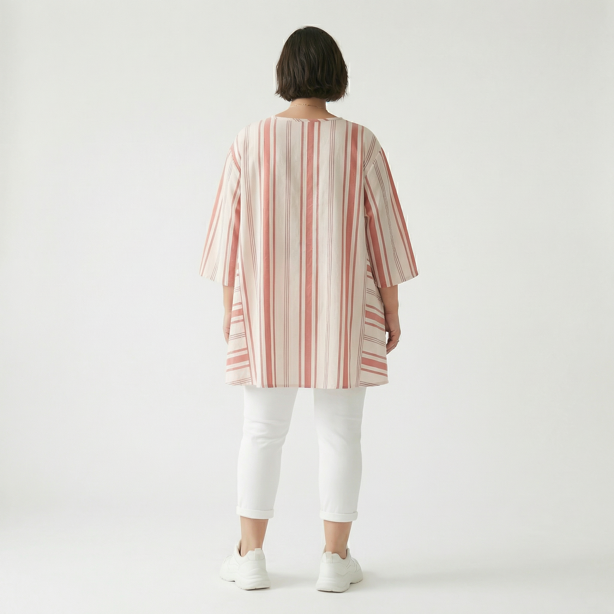  A-Form Bigshirt von AKH Fashion aus Baumwolle, 1420.00593, Weiß/Apricot, Blockstreifen