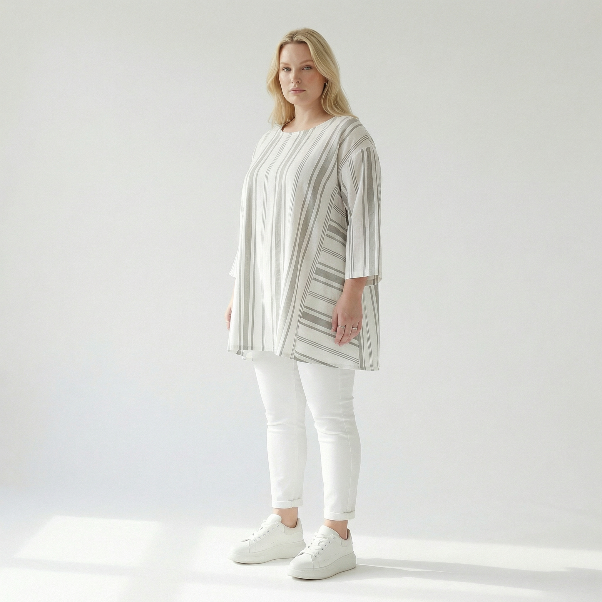  A-Form Bigshirt von AKH Fashion aus Baumwolle, 1420.00593, Weiß/Kiwi, Blockstreifen, Schick