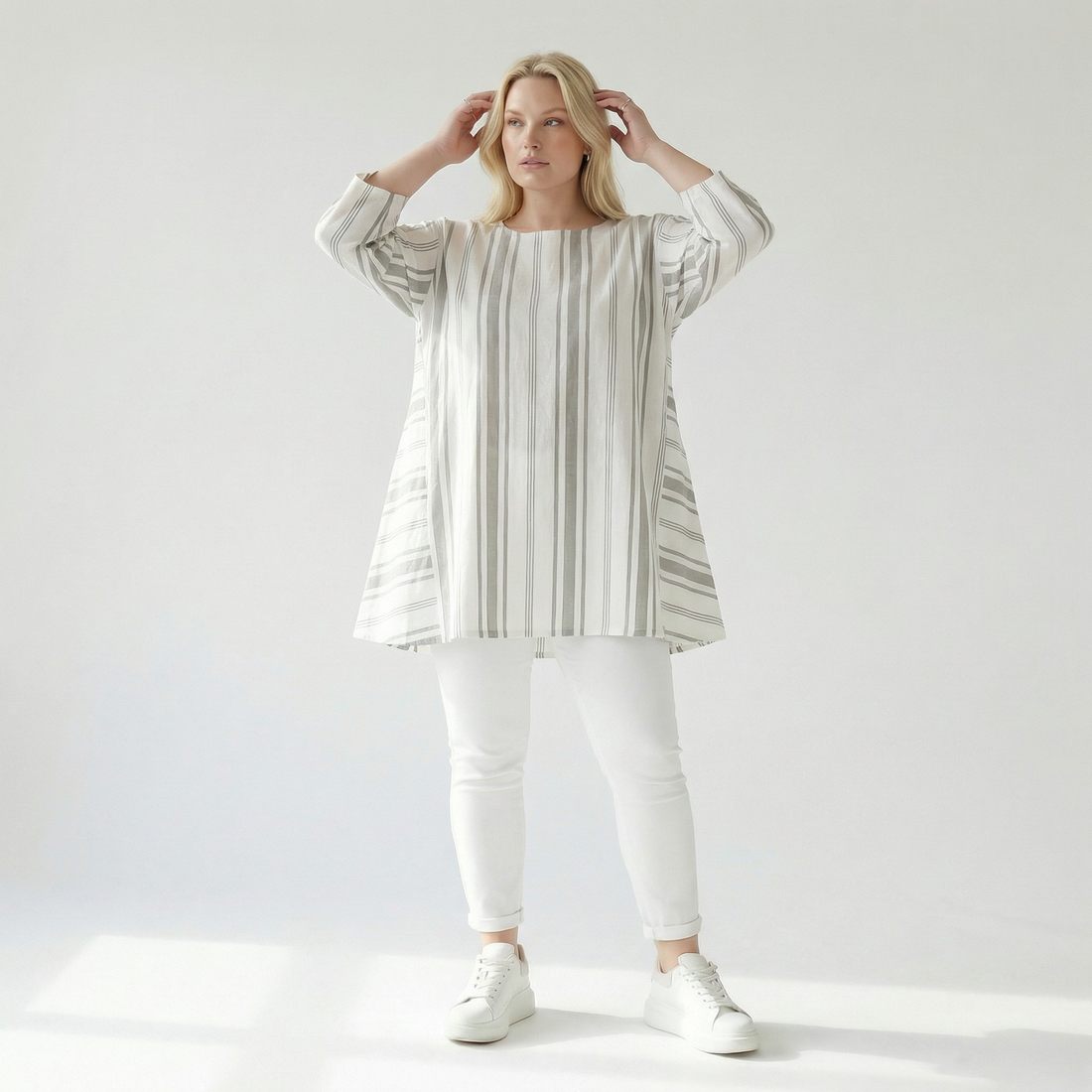  A-Form Bigshirt von AKH Fashion aus Baumwolle, 1420.00593, Weiß/Kiwi, Blockstreifen, Schick