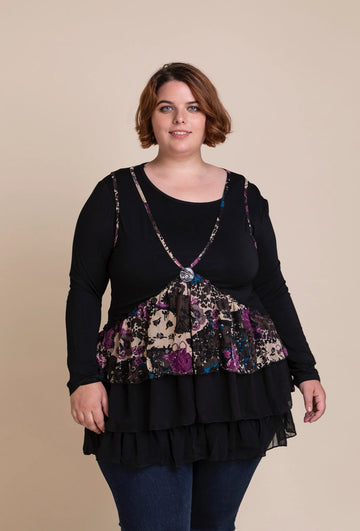  Schickes Langarm-Top in Violett-Multi mit Blumenmuster und elegantem Chiffon-Design für Curvy Mode