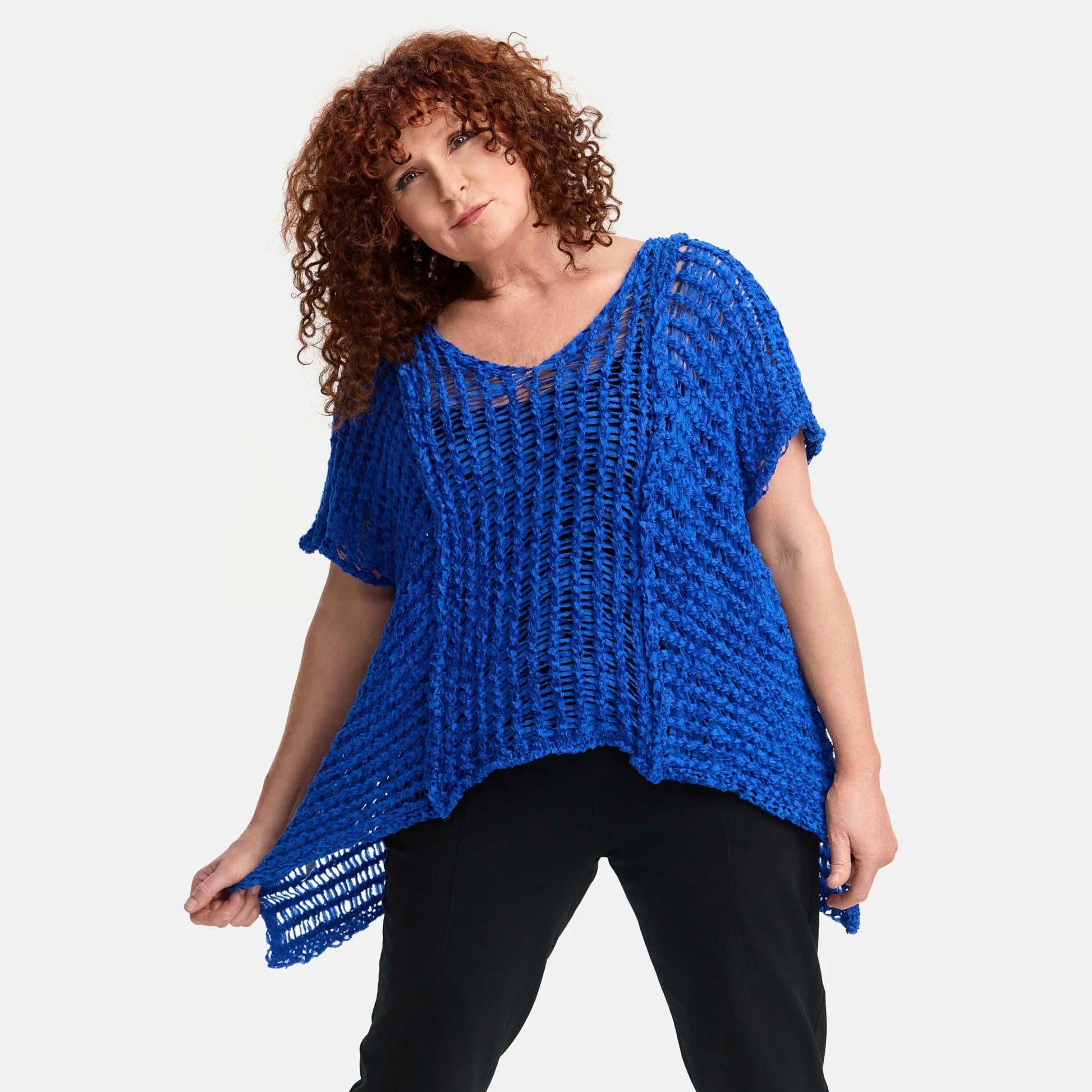  Amandine Pullover in kastiger Form, aus Baumwolle, A2809, Kobaltblau, Schick, Modern