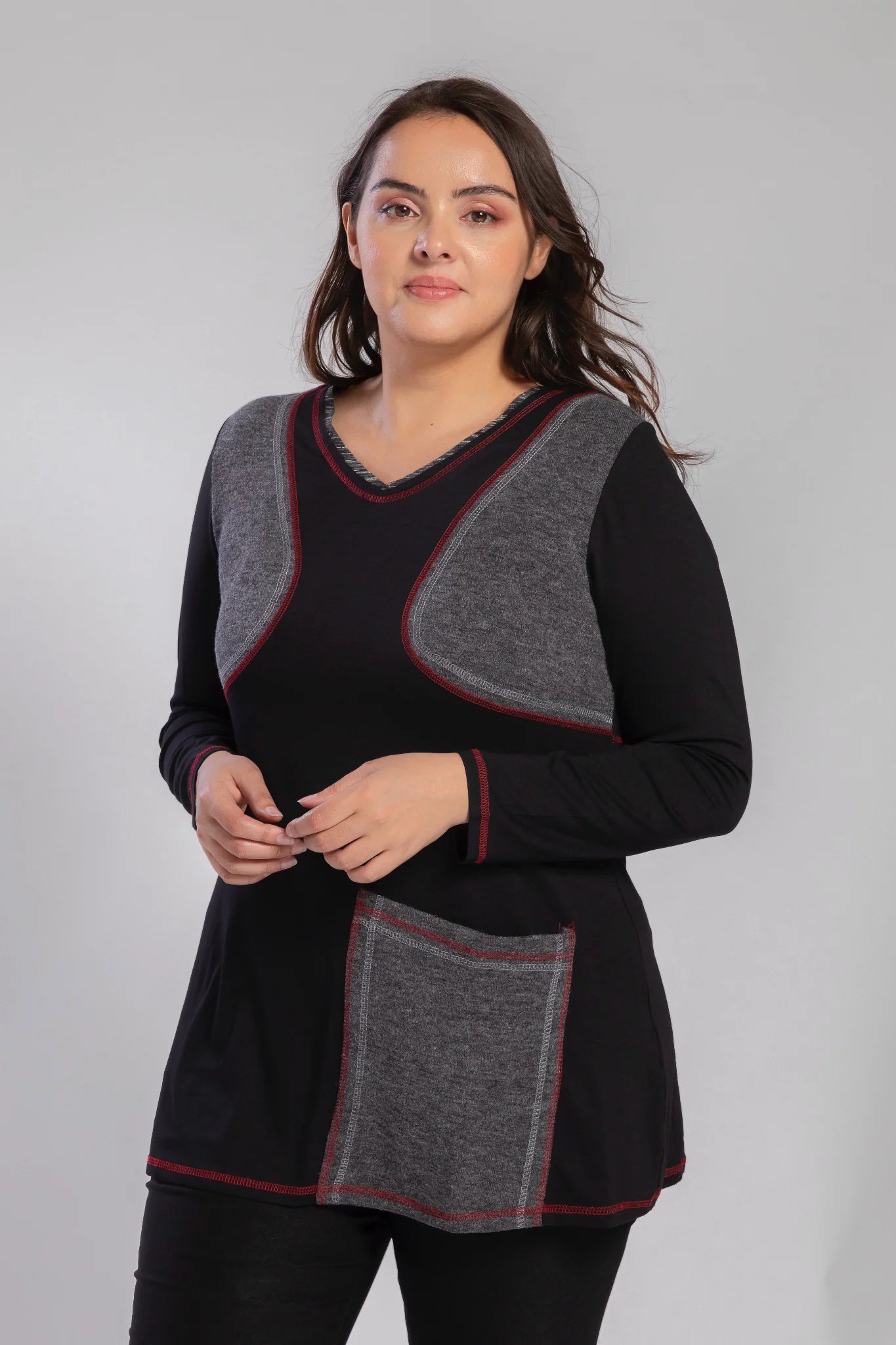  Pomme Rouge Shirt in gerader Form, aus Viskose, A737, Schwarz-Grau-Rot, Schick, Modern