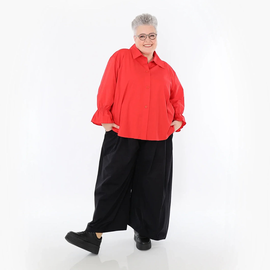 AKH Fashion Bluse in gerundeter Form, aus Baumwolle, 1482.07062, Rot, Ausgefallen, Zeitlos