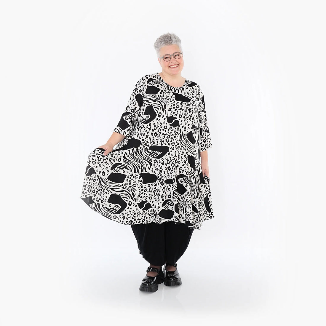  AKH Fashion Bigshirt in Glocken-Form, aus Materialmix, 1499.06563, Schwarz/Weiß, Animal