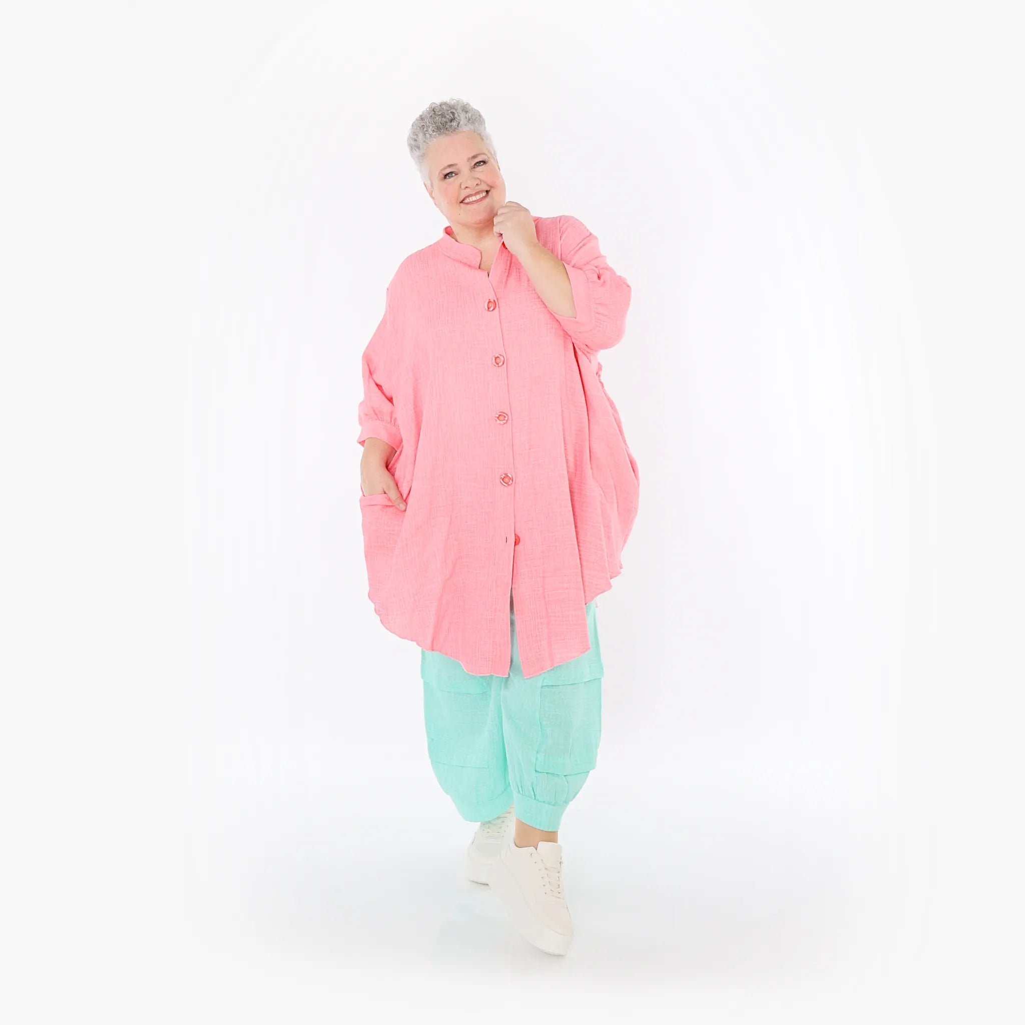  AKH Fashion Bluse in gerundeter Form, aus Baumwolle, 1501.07106, Rosa, Ausgefallen, Schick