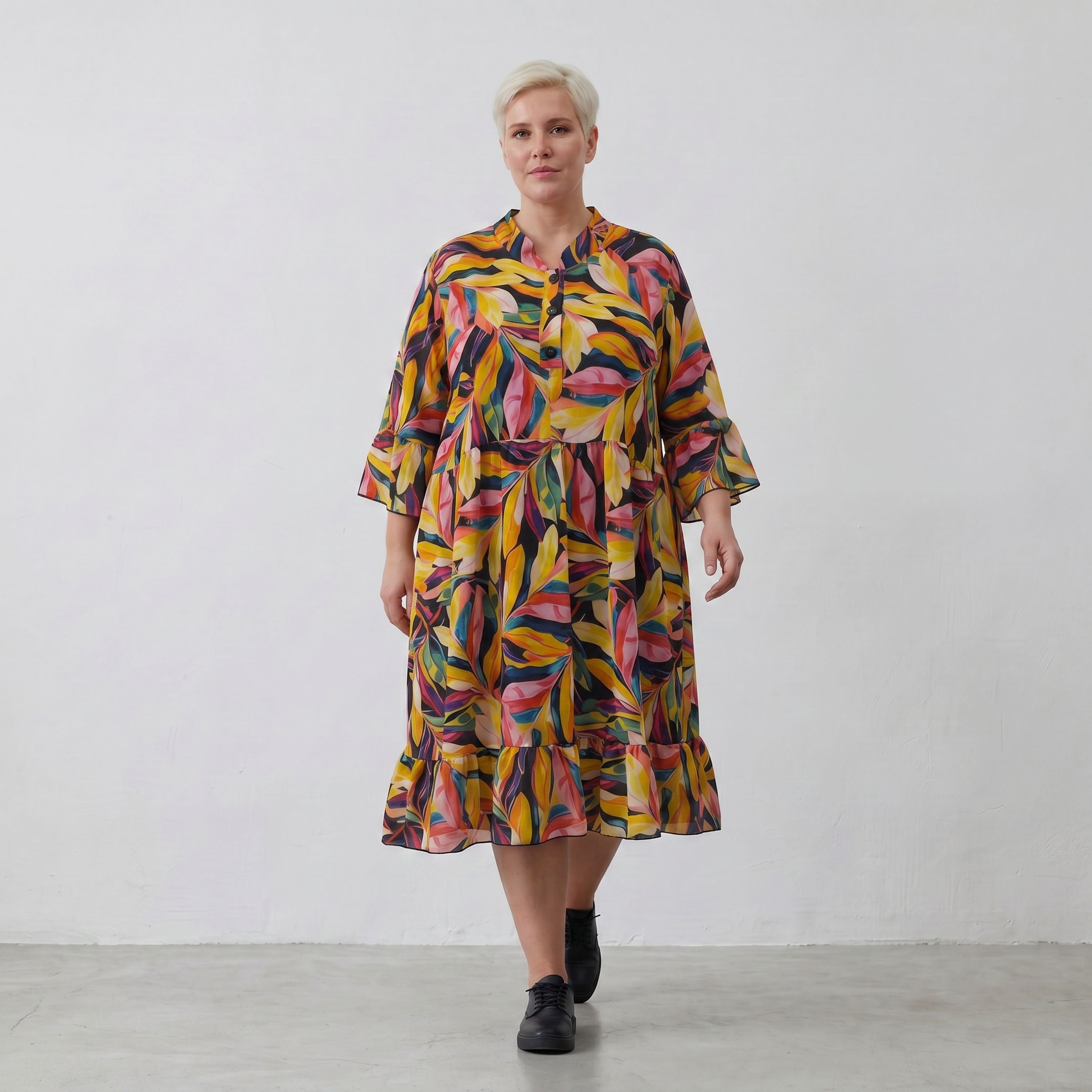 Mehrfarbiges Ballonkleid mit floralem Print V-Ausschnitt und lockerem weitem Stufenschnitt