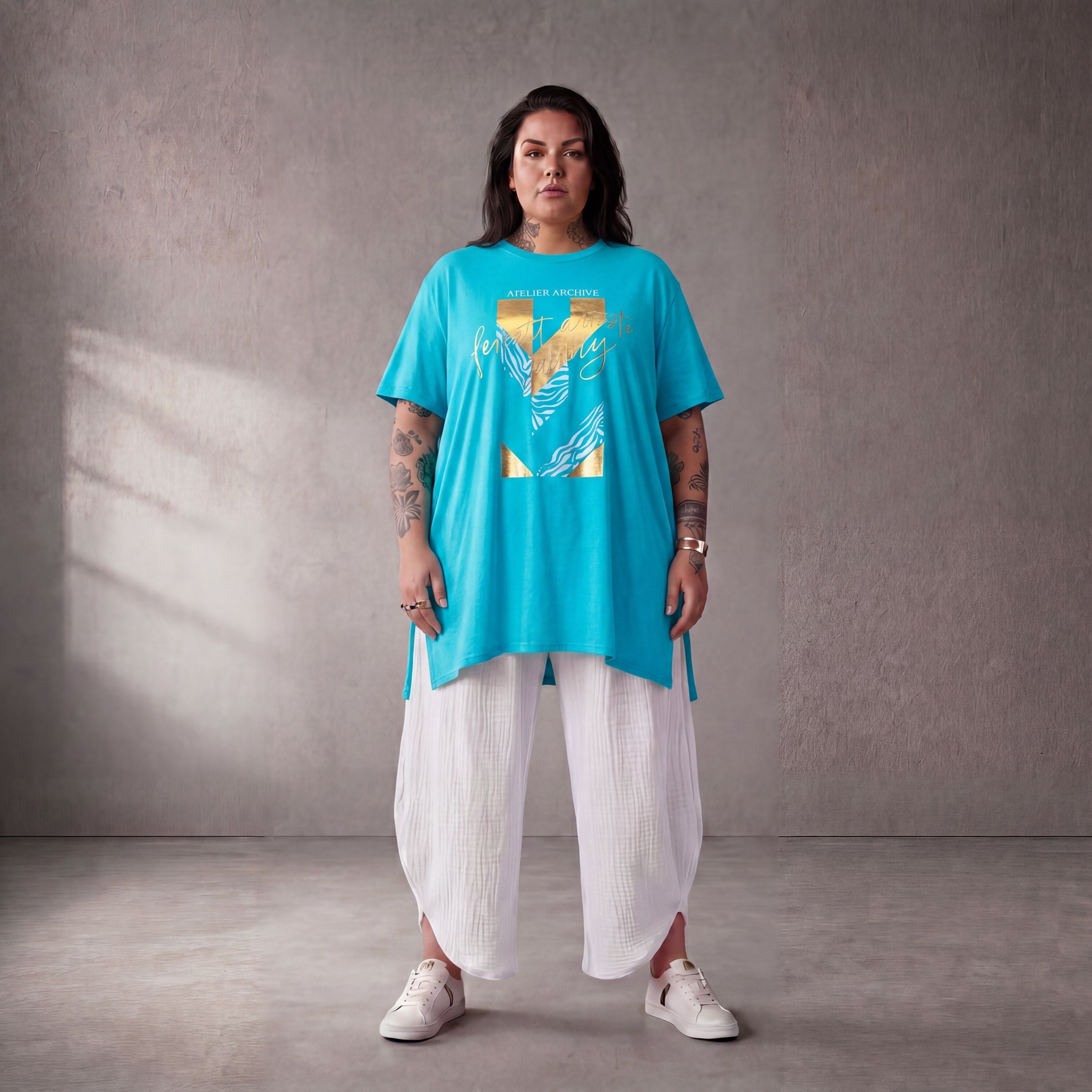 Damen Shirt Lagenlook Baumwolle Türkis, A-Linie, Oversize große Größen – Funky Diva