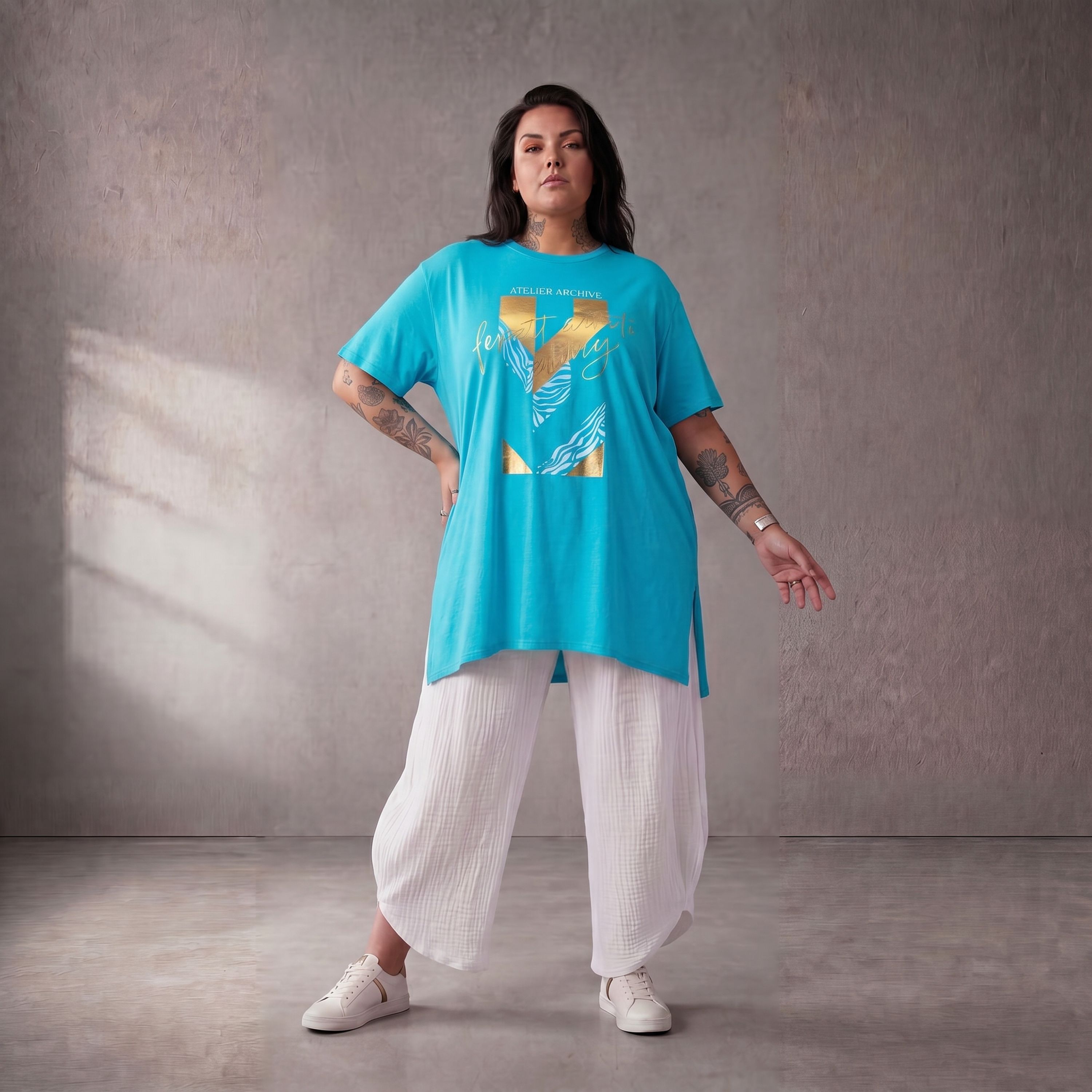 Damen Shirt Lagenlook Baumwolle Türkis, A-Linie, Oversize große Größen – Funky Diva