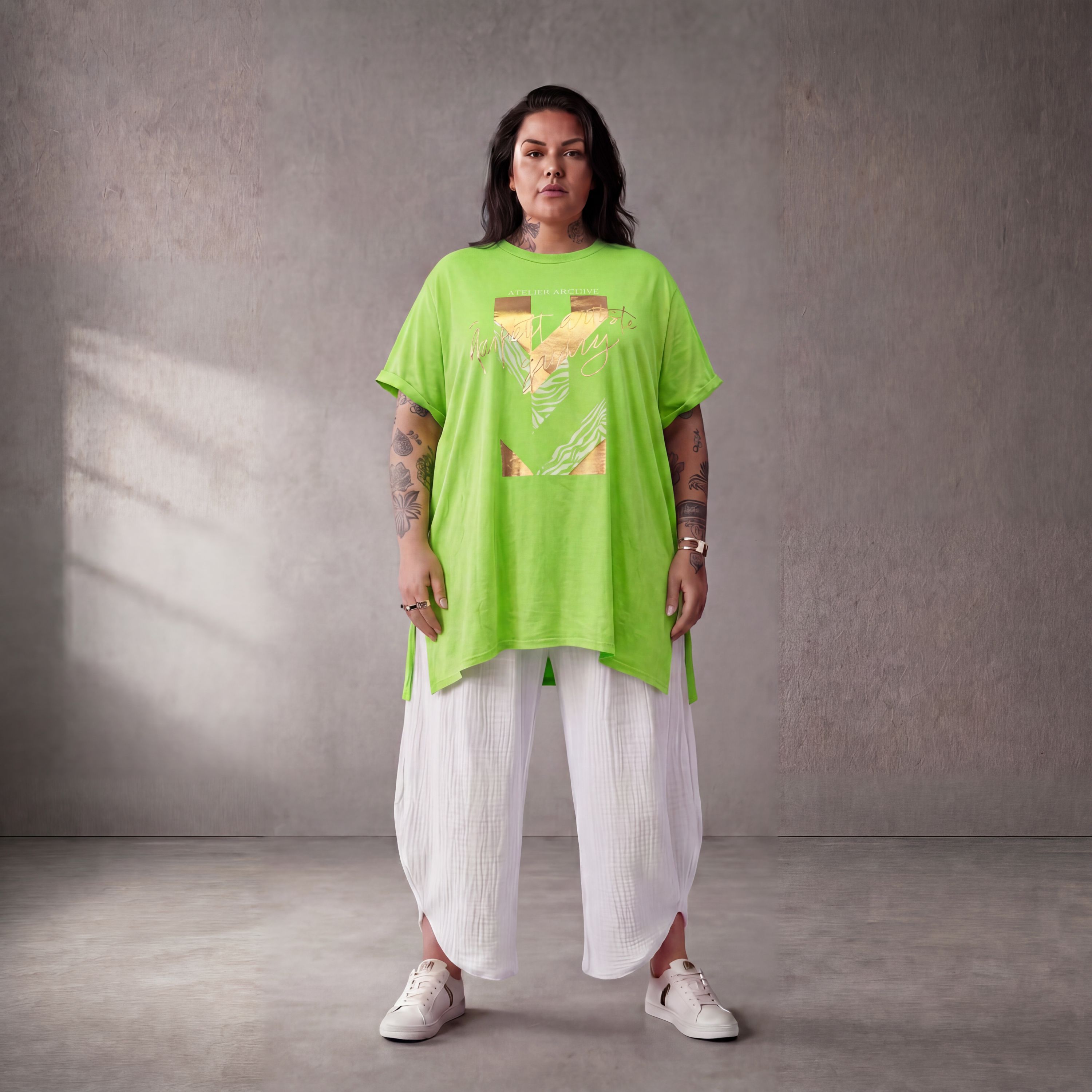 Damen Shirt Lagenlook Baumwolle Grün, A-Linie, Kurzarm, Oversize große Größen – Funky Diva