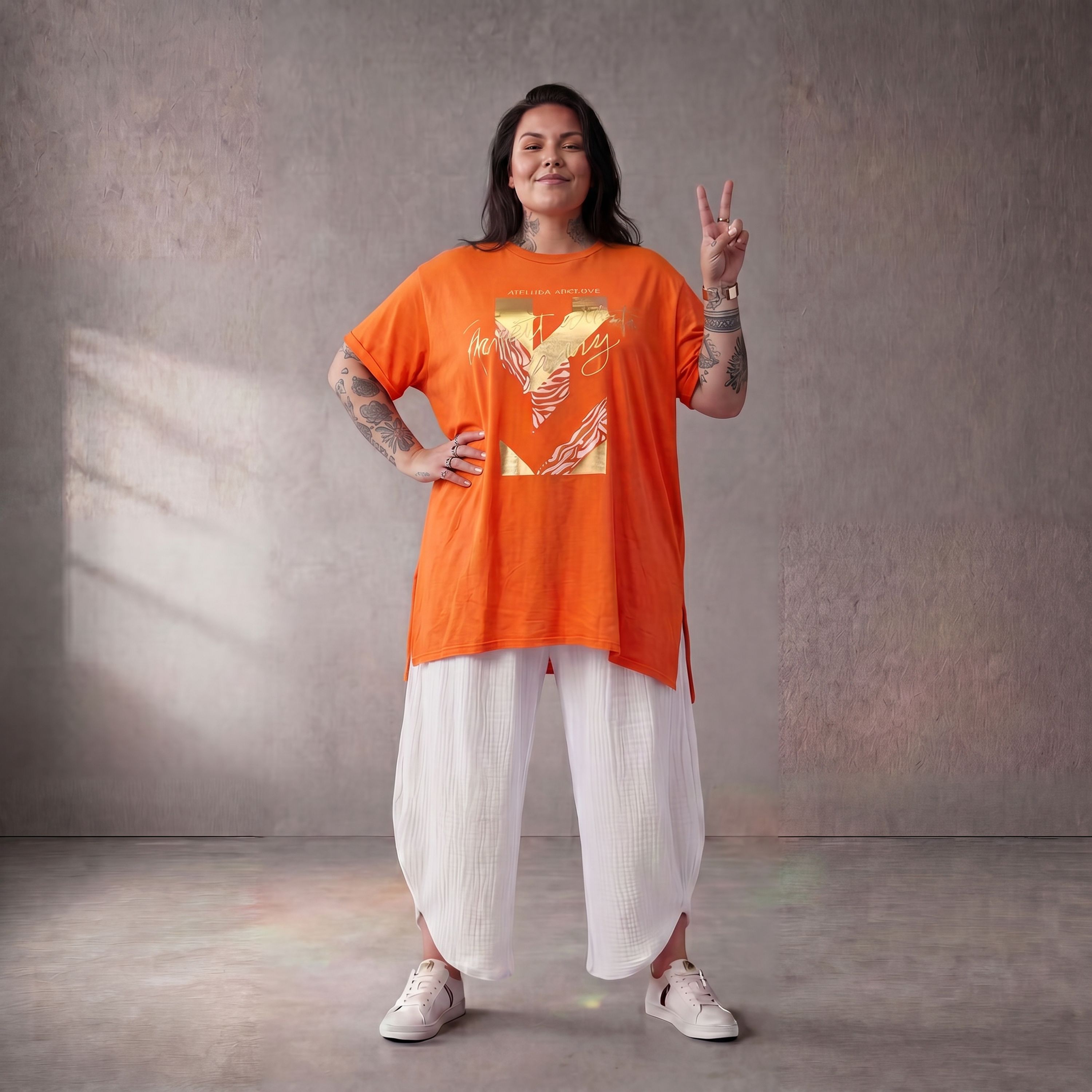 Damen Shirt Lagenlook Baumwolle Orange, A-Linie, Kurzarm, Oversize große Größen – Funky Diva