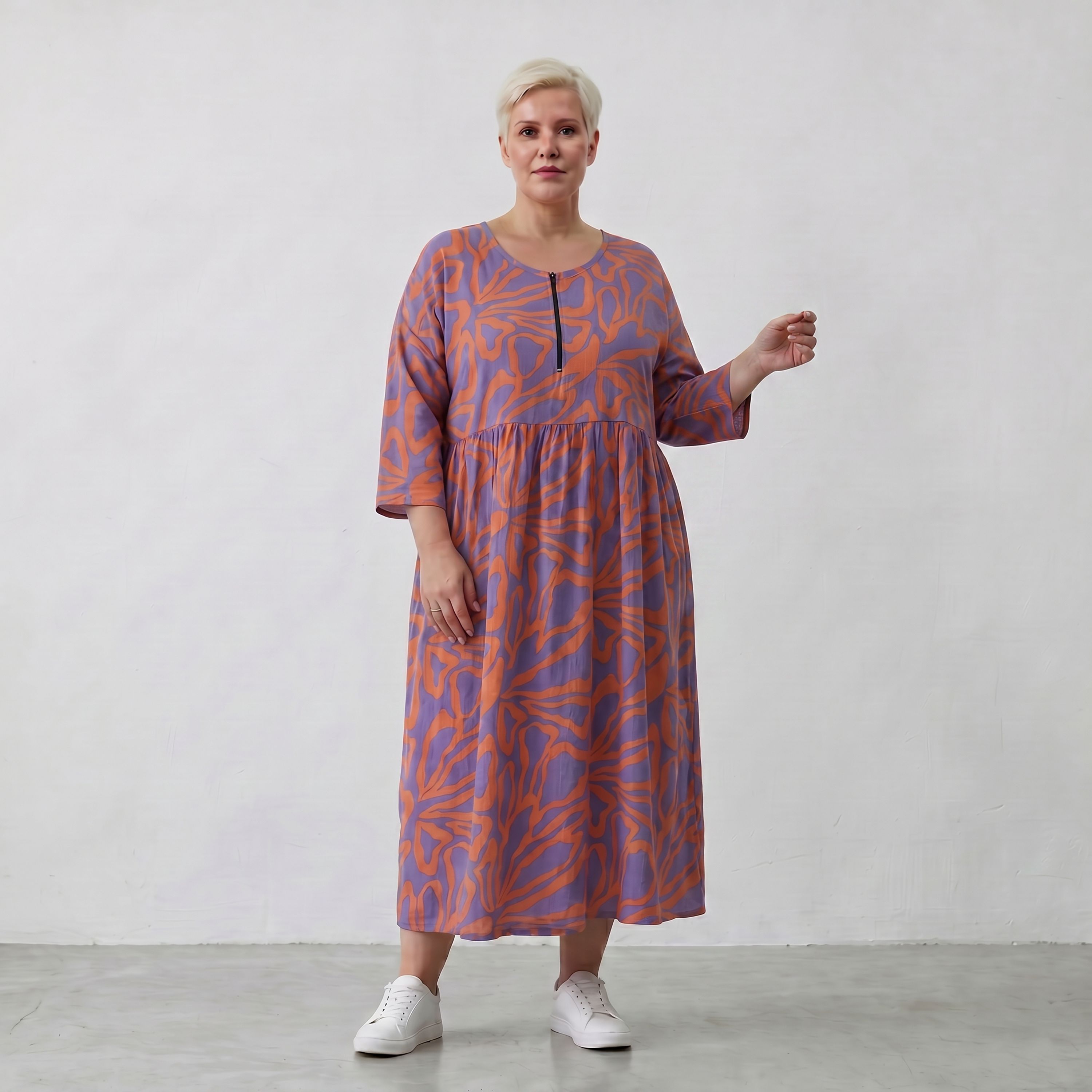 Ballonkleid in lilaorange Floralprint mit Seitentaschen Rundhals und Dreiviertelarm