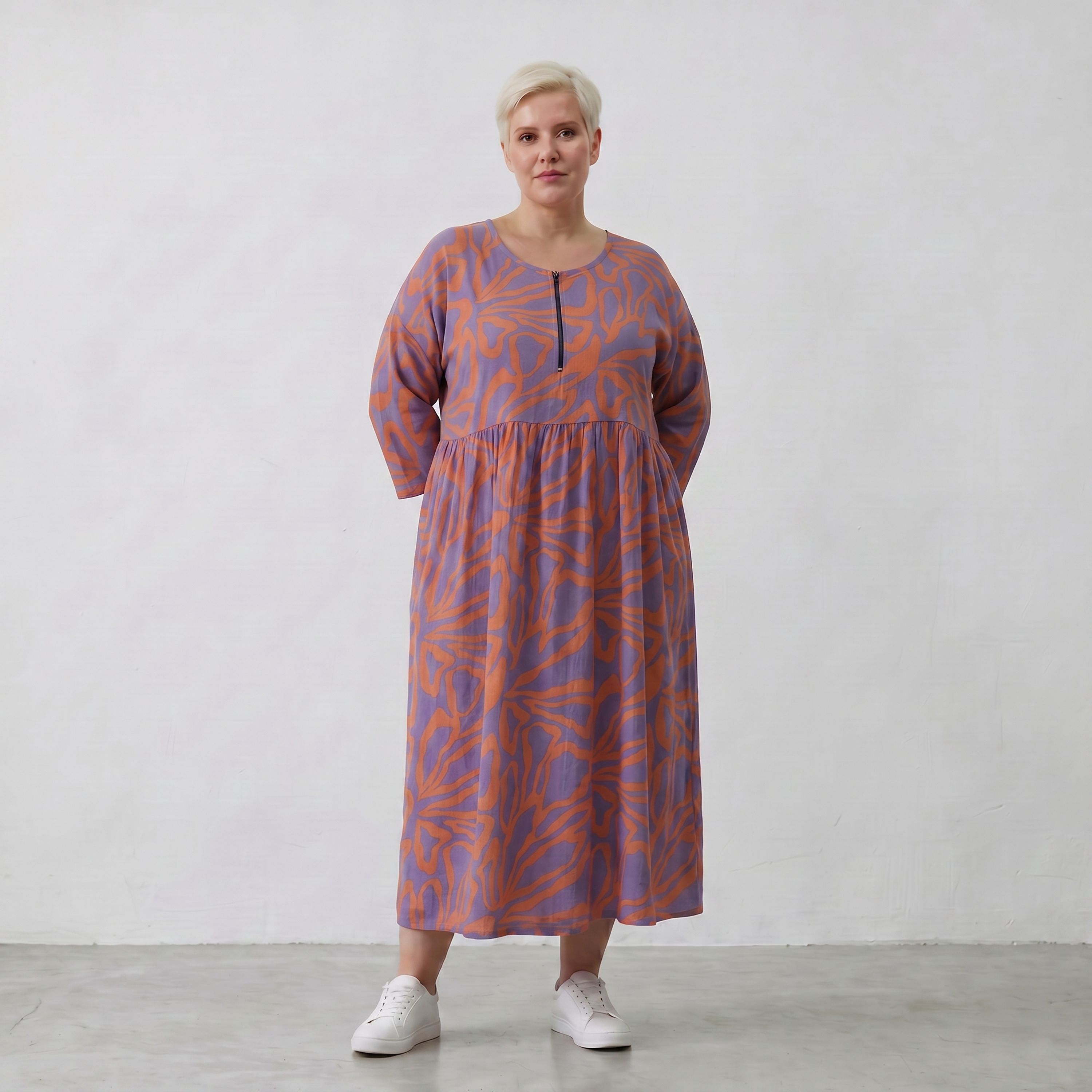 Ballonkleid in lilaorange Floralprint mit Seitentaschen Rundhals und Dreiviertelarm