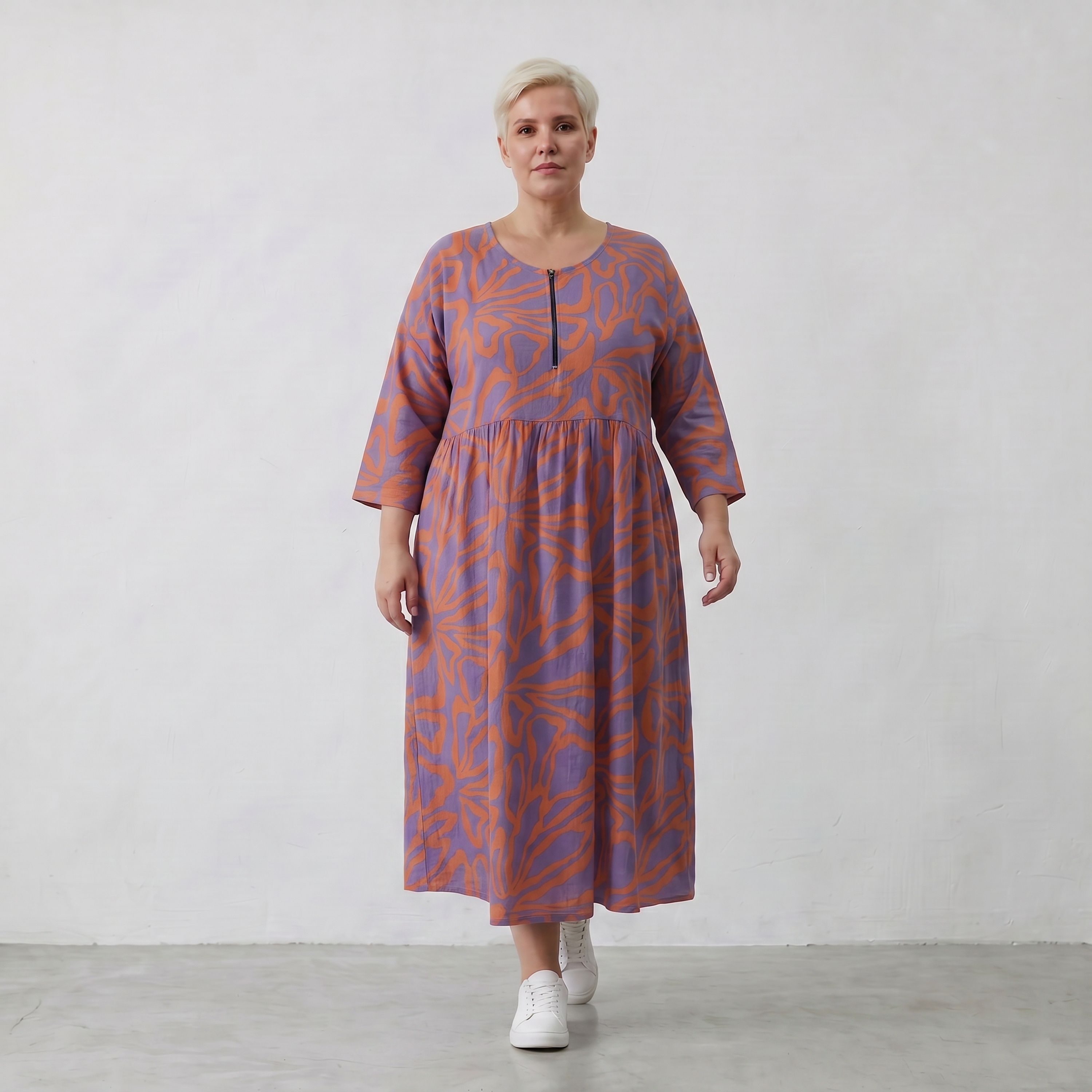 Ballonkleid in lilaorange Floralprint mit Seitentaschen Rundhals und Dreiviertelarm