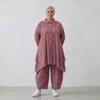 Lilaorange Blumenmuster A-Form Jacke in Leinenoptik mit Kragen Nahttaschen fein Zipfelsaum