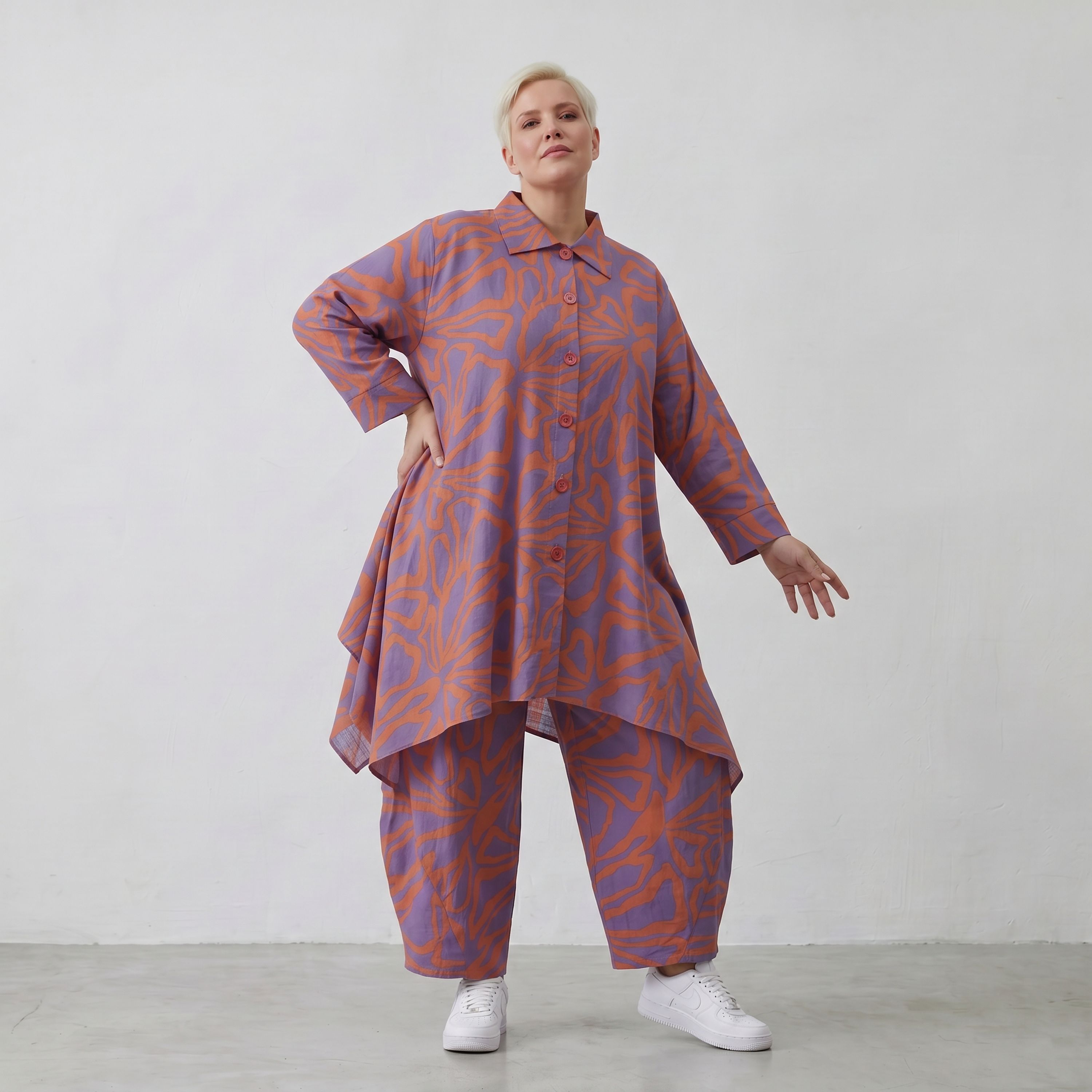 Lilaorange Blumenmuster A-Form Jacke in Leinenoptik mit Kragen Nahttaschen fein Zipfelsaum