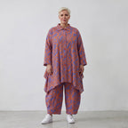 Lilaorange Blumenmuster A-Form Jacke in Leinenoptik mit Kragen Nahttaschen fein Zipfelsaum