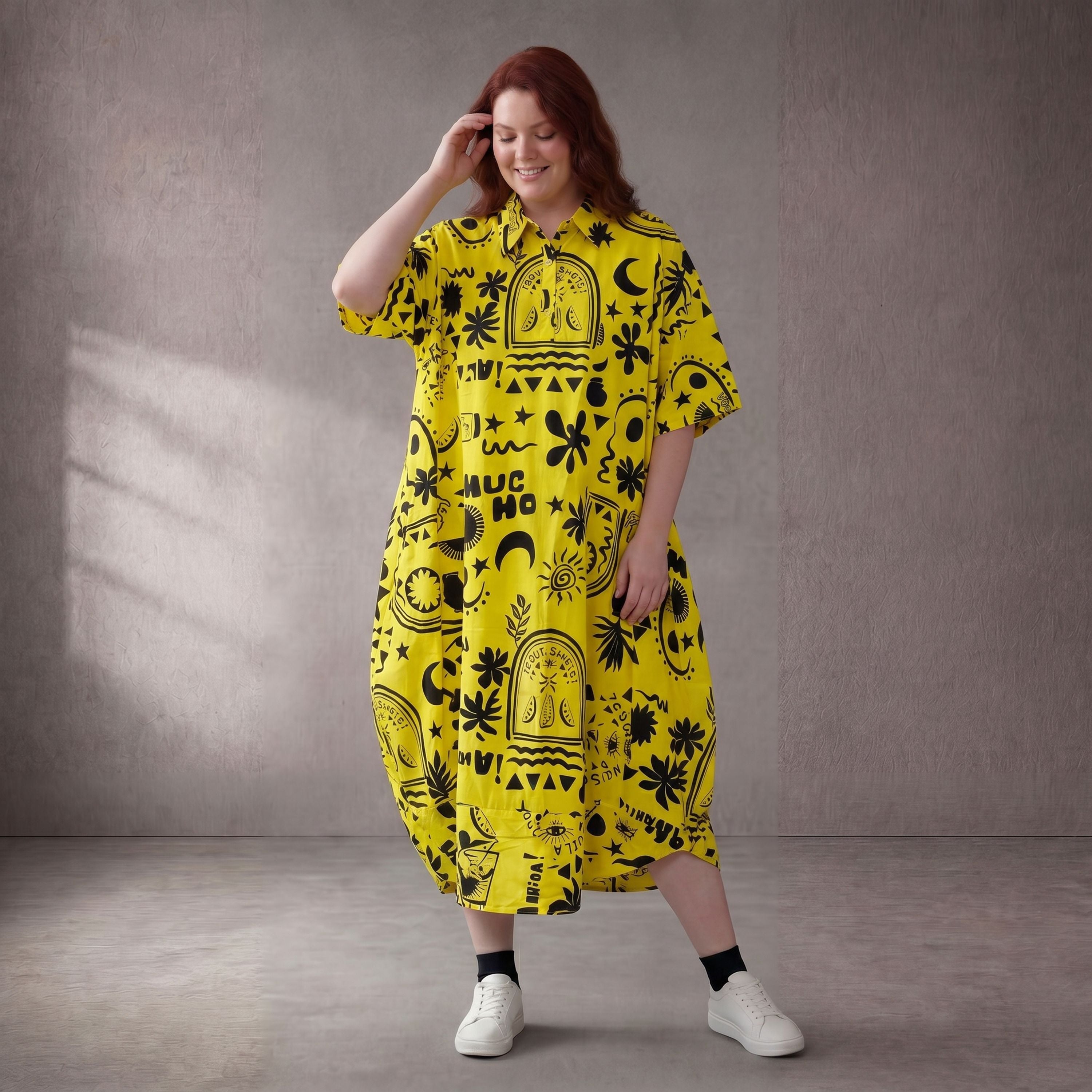 GelbSchwarz Sansibarprint Ballonkleid Baumwolle Oversize Lagenlook leger ausgefallen neu