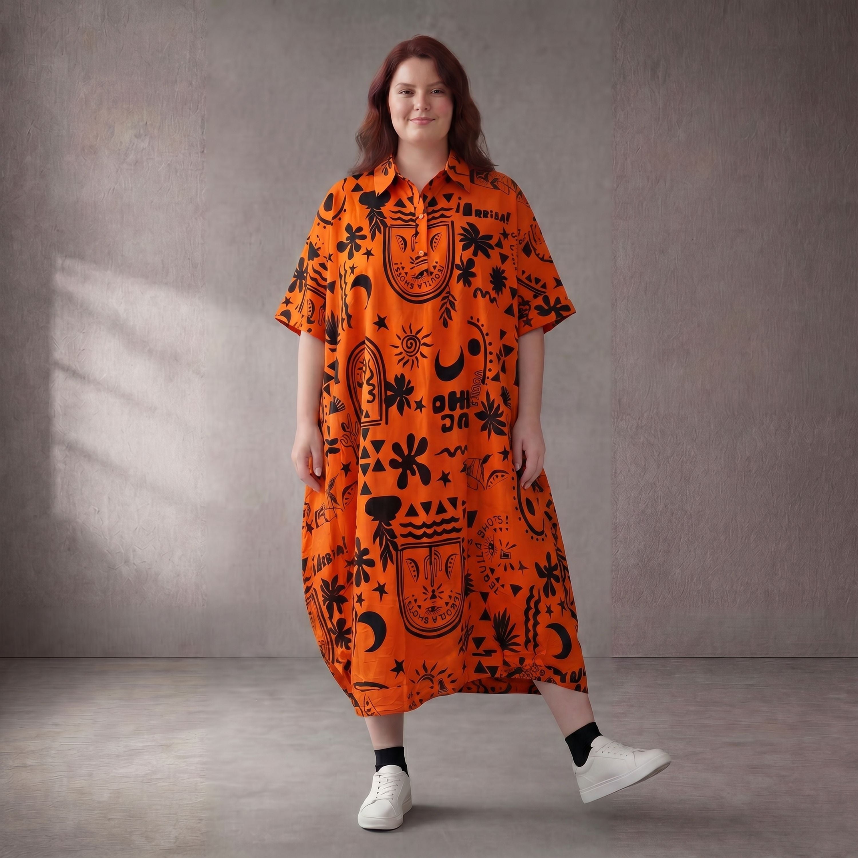 Ausgefallenes Oversize Lagenlook Ballonkleid Orange Schwarz Baumwolle leger zeitlos edel