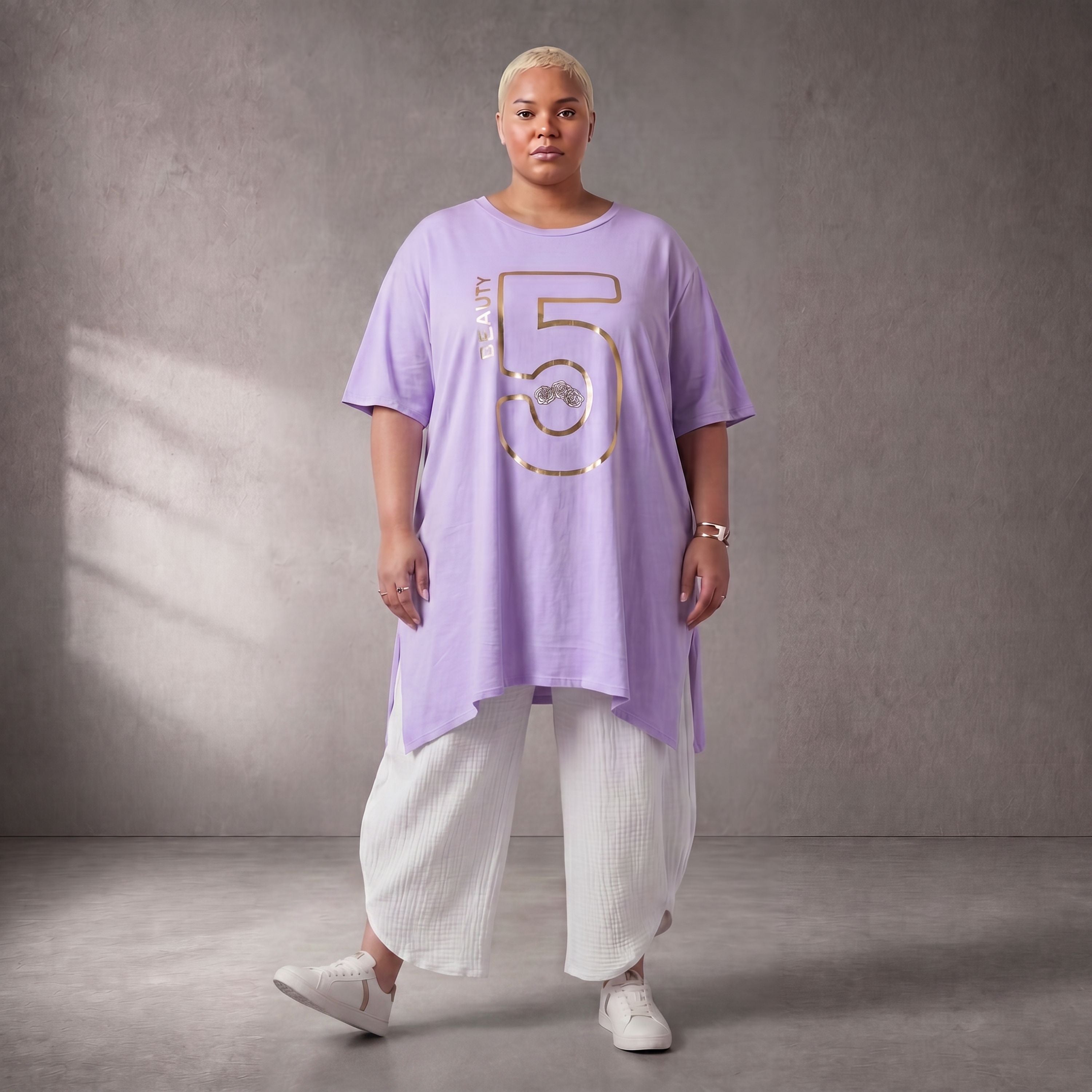 Damen Shirt Lagenlook Baumwolle Lila/Gold, A-Form, Kurzarm, Seitenschlitze, Oversize große Größen – Funky Diva