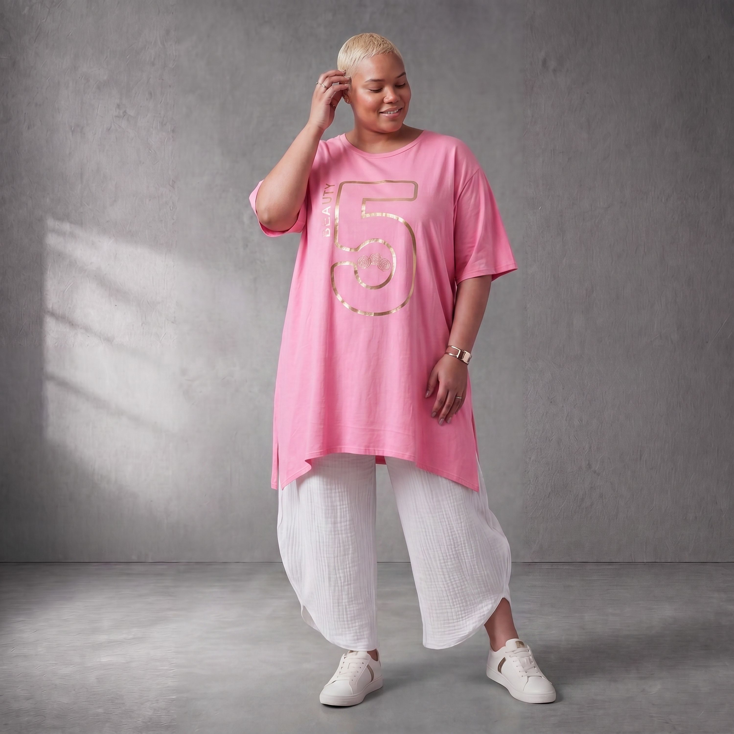 Damen Shirt Lagenlook Baumwolle Rosa/Gold, A-Form, Kurzarm, Seitenschlitze, Oversize große Größen – Funky Diva