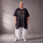 Damen Shirt Lagenlook Baumwolle Schwarz/Gold, A-Form, Kurzarm, Seitenschlitze, Oversize große Größen – Funky Diva